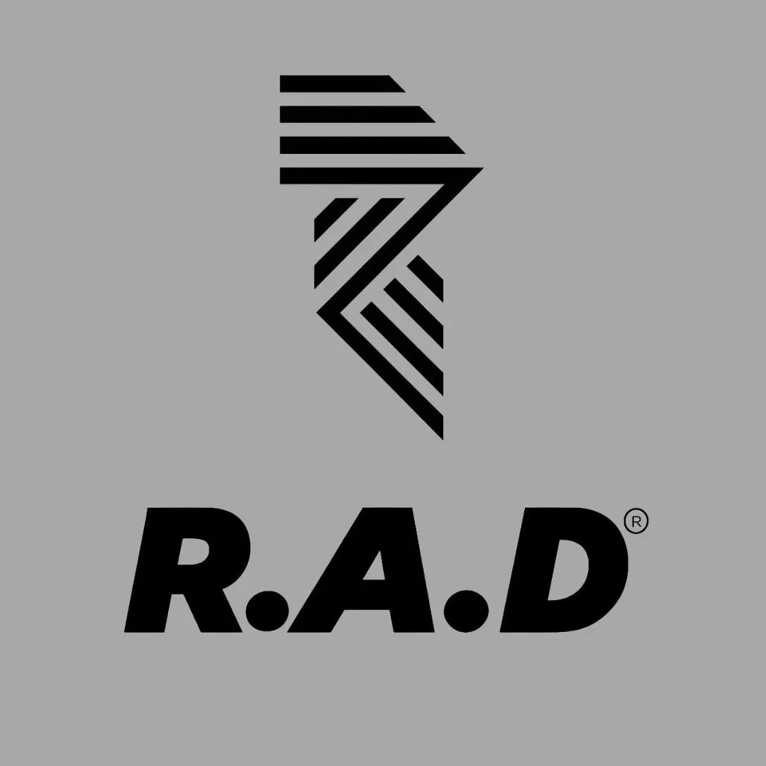 A gray background with a black geometric outline of the African continent and the text "R.A.D" below it.
