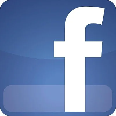 Facebook logo with a large white 'f' on a blue background.