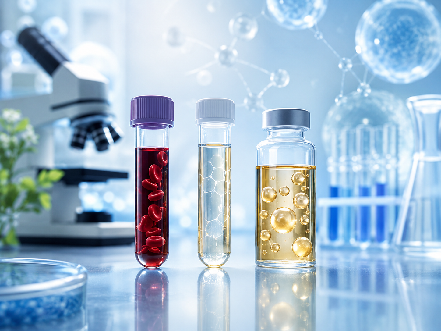 Test tubes with blood cells, chemicals, and bubbles in a laboratory setting with a microscope in the background.
