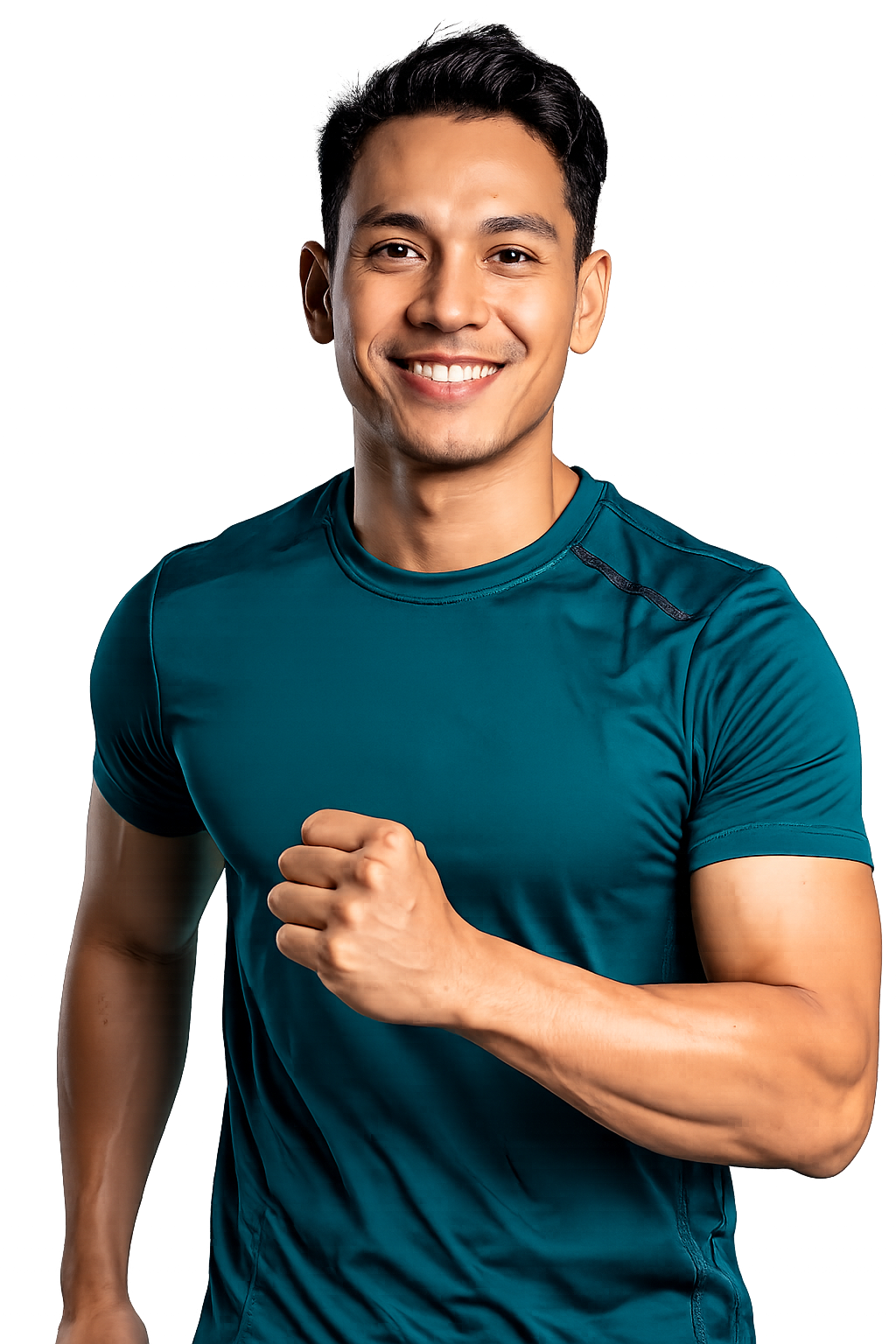 A young man smiling and running in an indoor athletic setting.