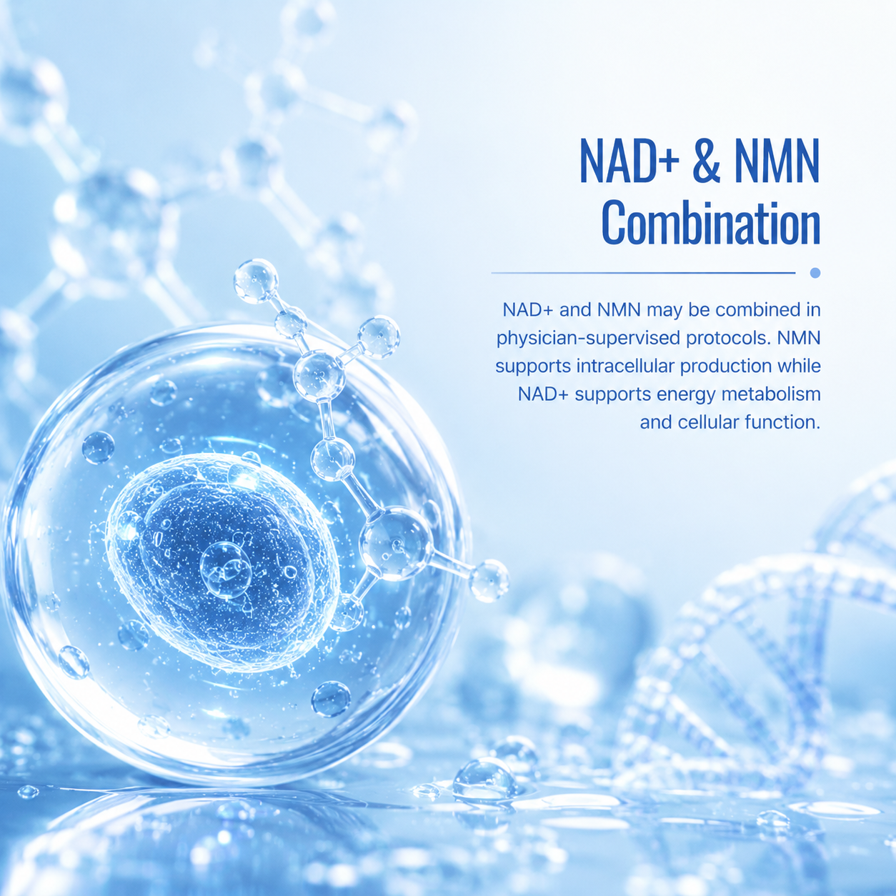 Abstract scientific illustration showing molecular structures and DNA helix with text about NAD+ and NMN combination supporting cellular function and energy metabolism.