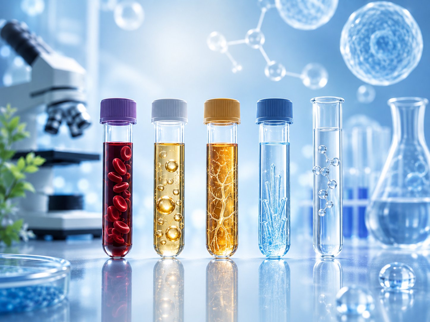 Five test tubes filled with colorful liquids and various molecular structures in a science laboratory.