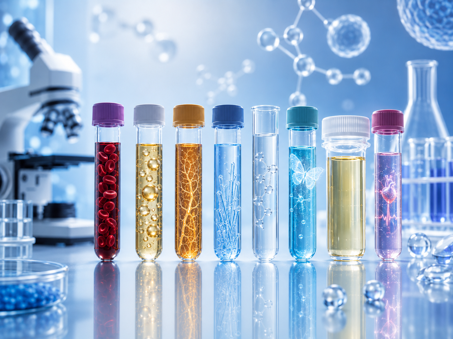 Seven laboratory test tubes with colorful liquids and scientific illustrations, set in a laboratory with a microscope and molecular models in the background.