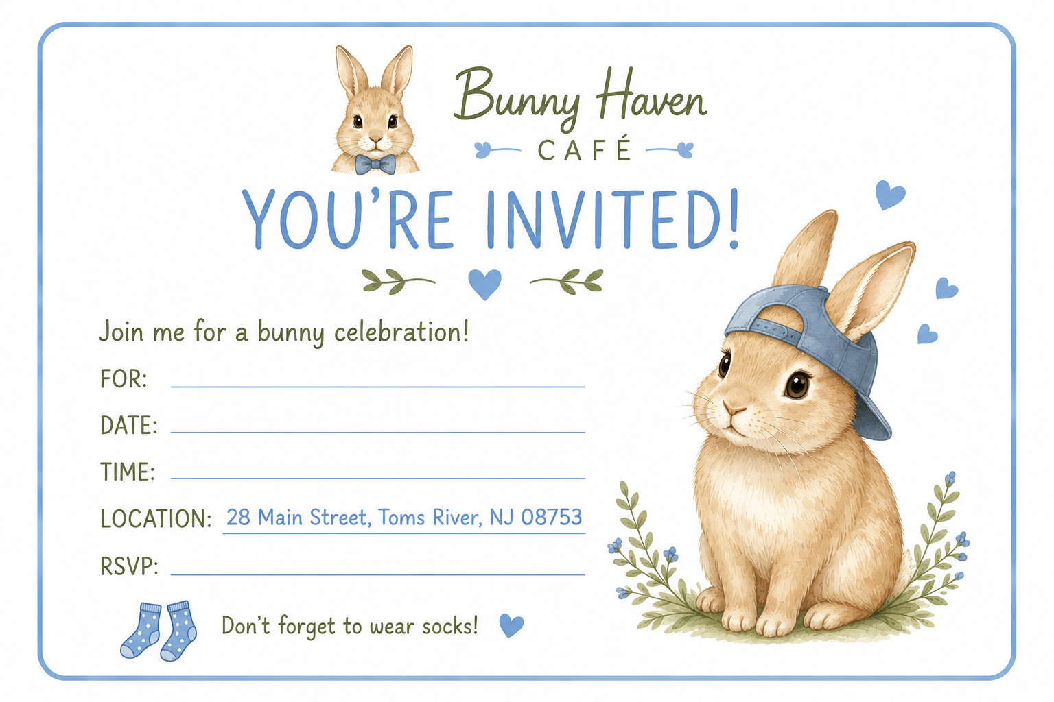 Invitation to a bunny celebration at Bunny Haven Café. Features illustrated cute bunnies, one wearing a bow tie and another with a cap, surrounded by hearts and flowers, with spaces for event details.