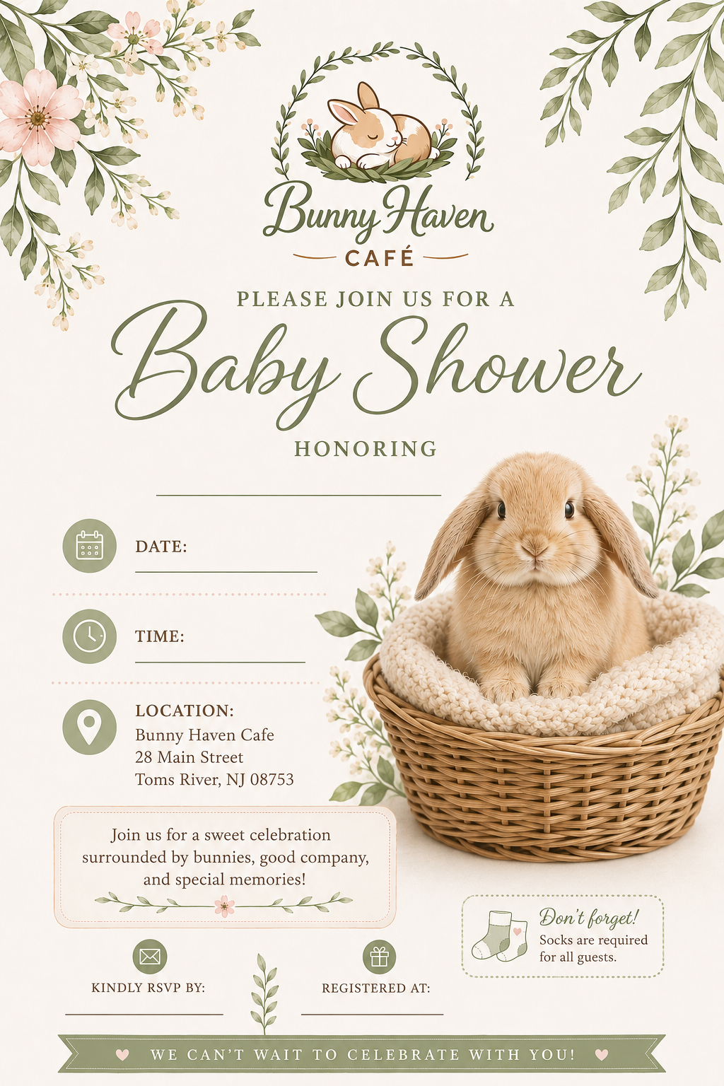 Invitation card for a baby shower at Bunny Haven Cafe, featuring a cute bunny illustration at the top, floral decorations, and a photo of a bunny in a basket on the right side. The card includes details for date, time, location, RSVP, and registration.
