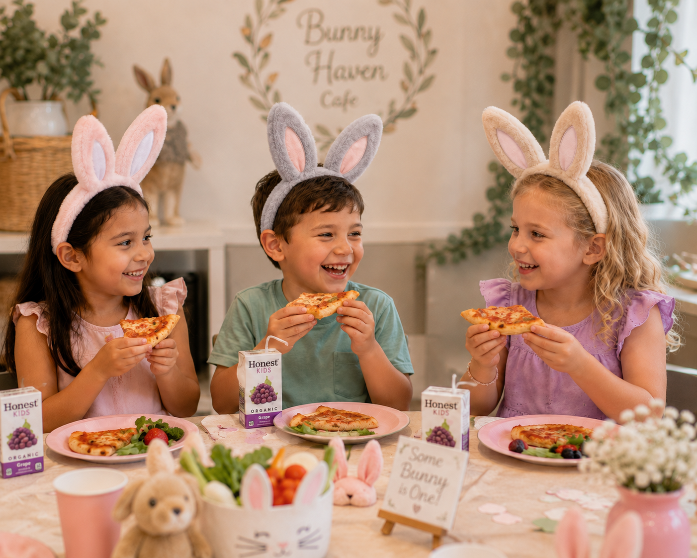 Three children wearing bunny ears headbands are sitting at a table, enjoying pizza and smiling. The table has pastel decorations, bunny-themed decorations, and small cartons of organic grape juice.