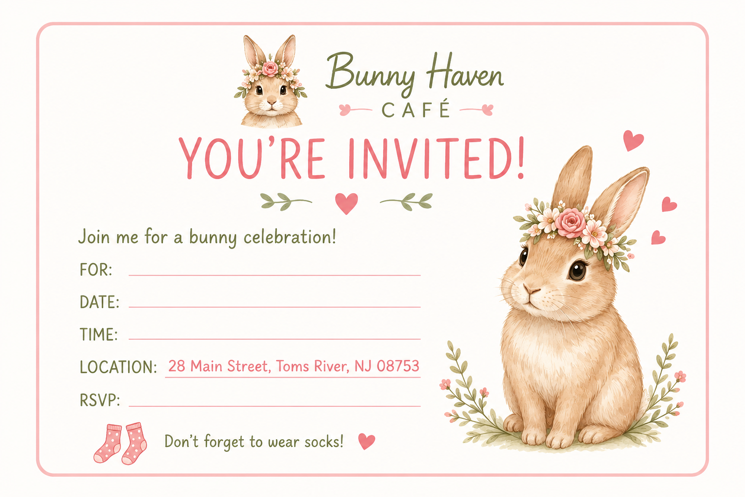 Invitation card for a bunny celebration at Bunny Haven Café featuring illustrated bunnies with floral crowns, pink hearts, and pink socks, with details for date, time, and location.