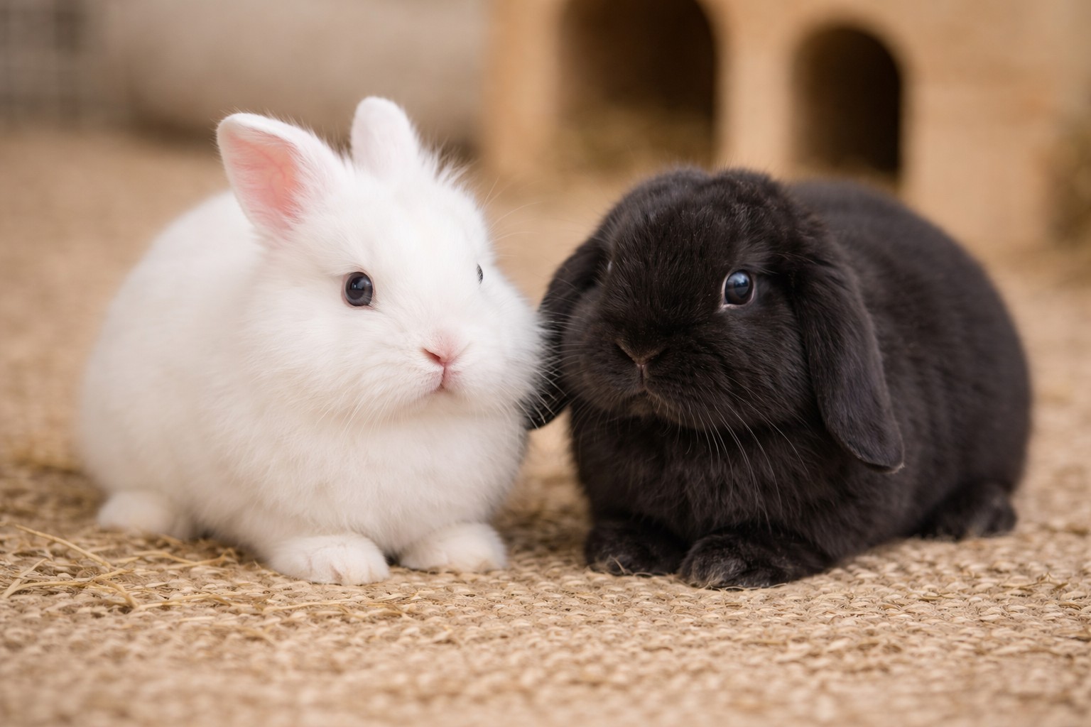 Two rabbits, one white and one black, sitting on a woven mat with a blurred background.