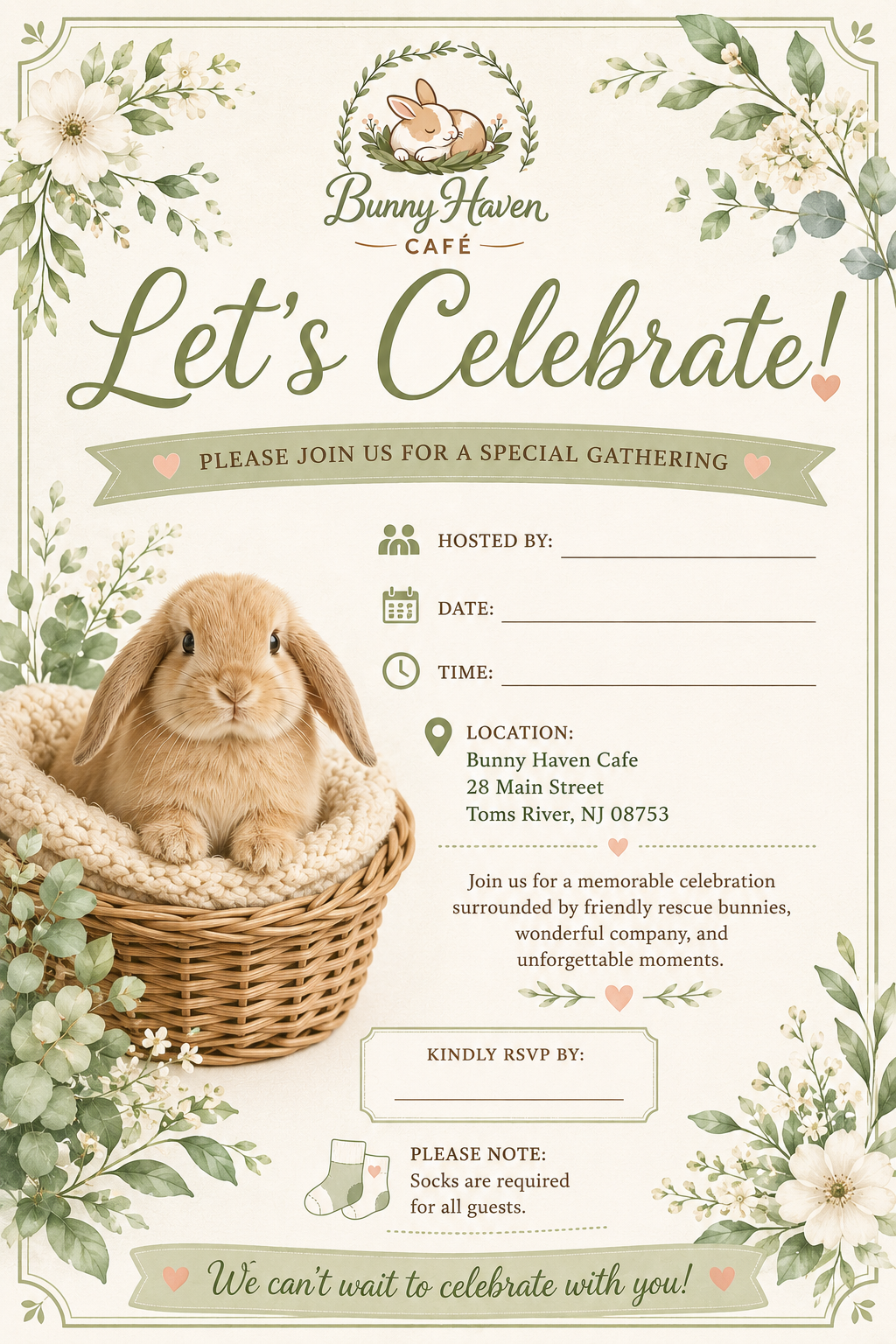 Invitation flyer for a Bunny Haven Cafe celebration featuring a cute bunny in a basket, floral decorations, and event details.