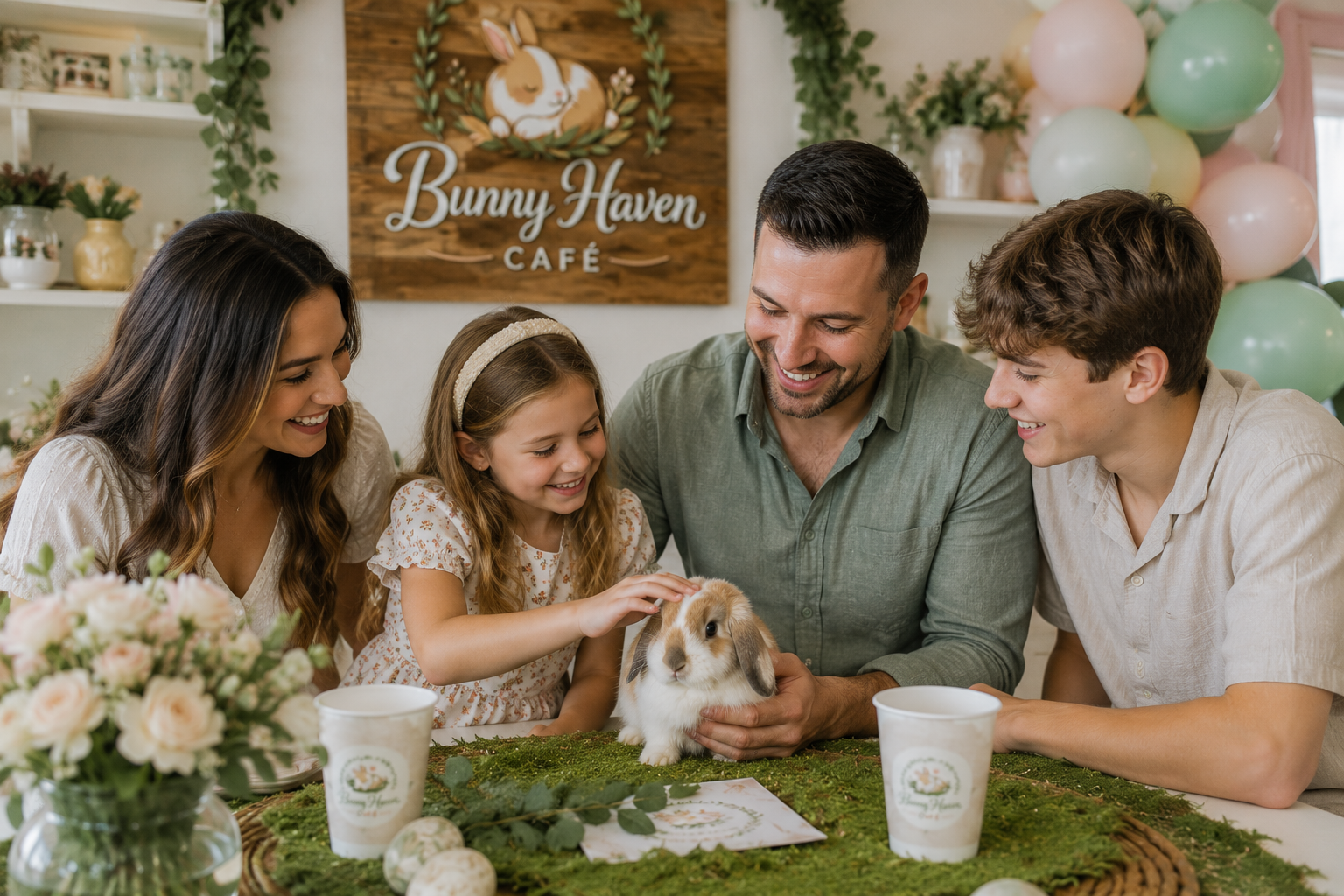 Family gathered around a table, gently petting a rabbit, with bunny-themed decorations and a sign that reads 'Bunny Haven Café' in the background.