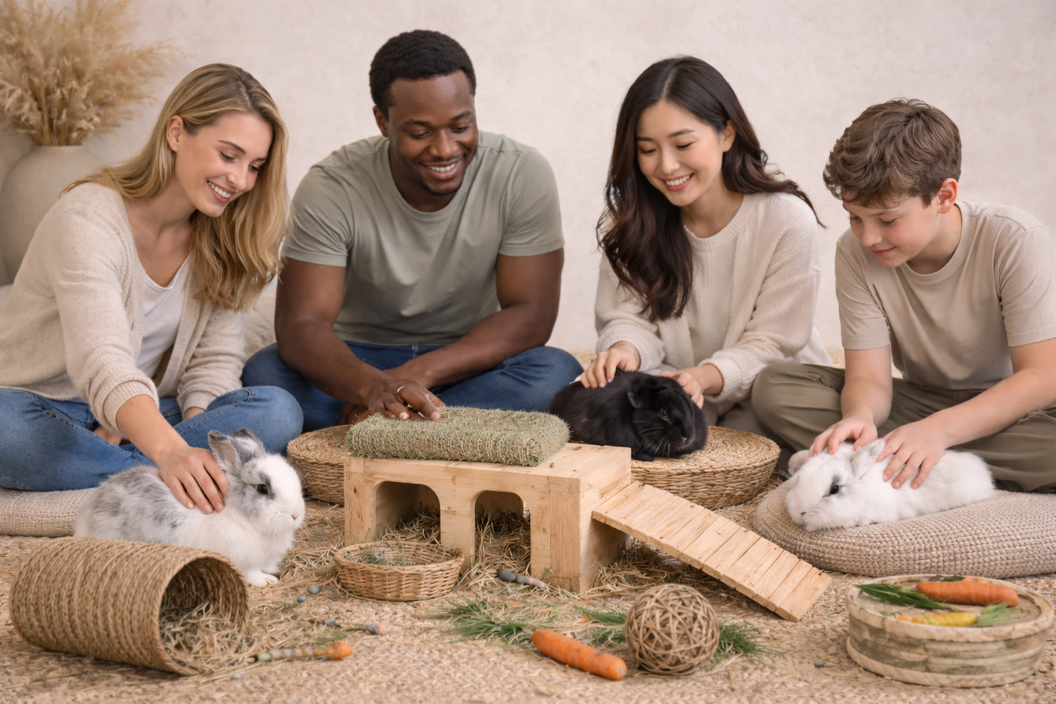Group of four people sitting on the floor playing with three rabbits and a hamster surrounded by pet toys and decor.