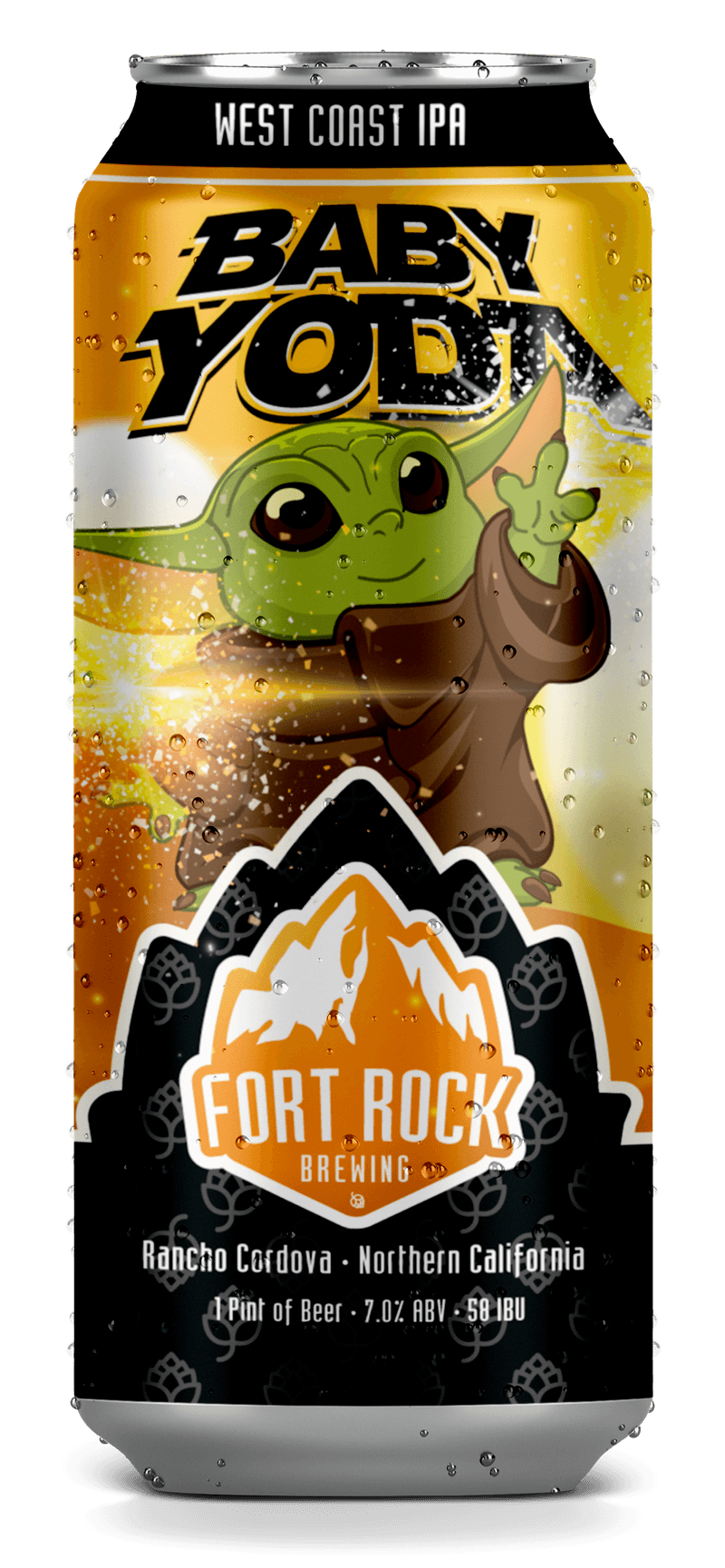 A can of Baby Yoda West Coast IPA beer by Fort Rock Brewing, featuring Baby Yoda with a raised hand on a yellow background with mountain imagery and black and orange branding elements.
