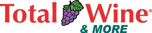 Logo for Total Wine & More with red and teal text and a bunch of purple grapes