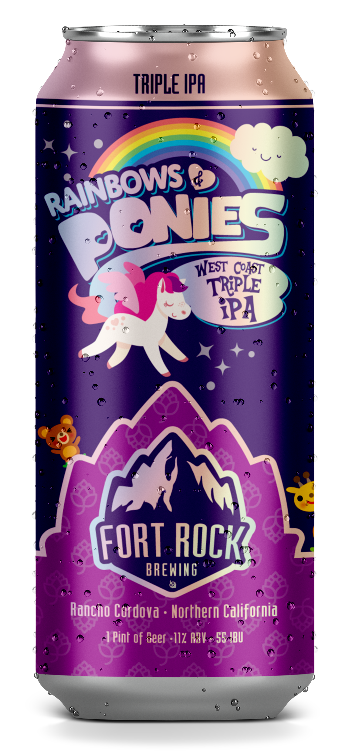 A can of Rainbow Unicorn Triple IPA beer from Fort Rock Brewing with cartoon unicorn, mountain, rainbow, and playful animals on a purple background.