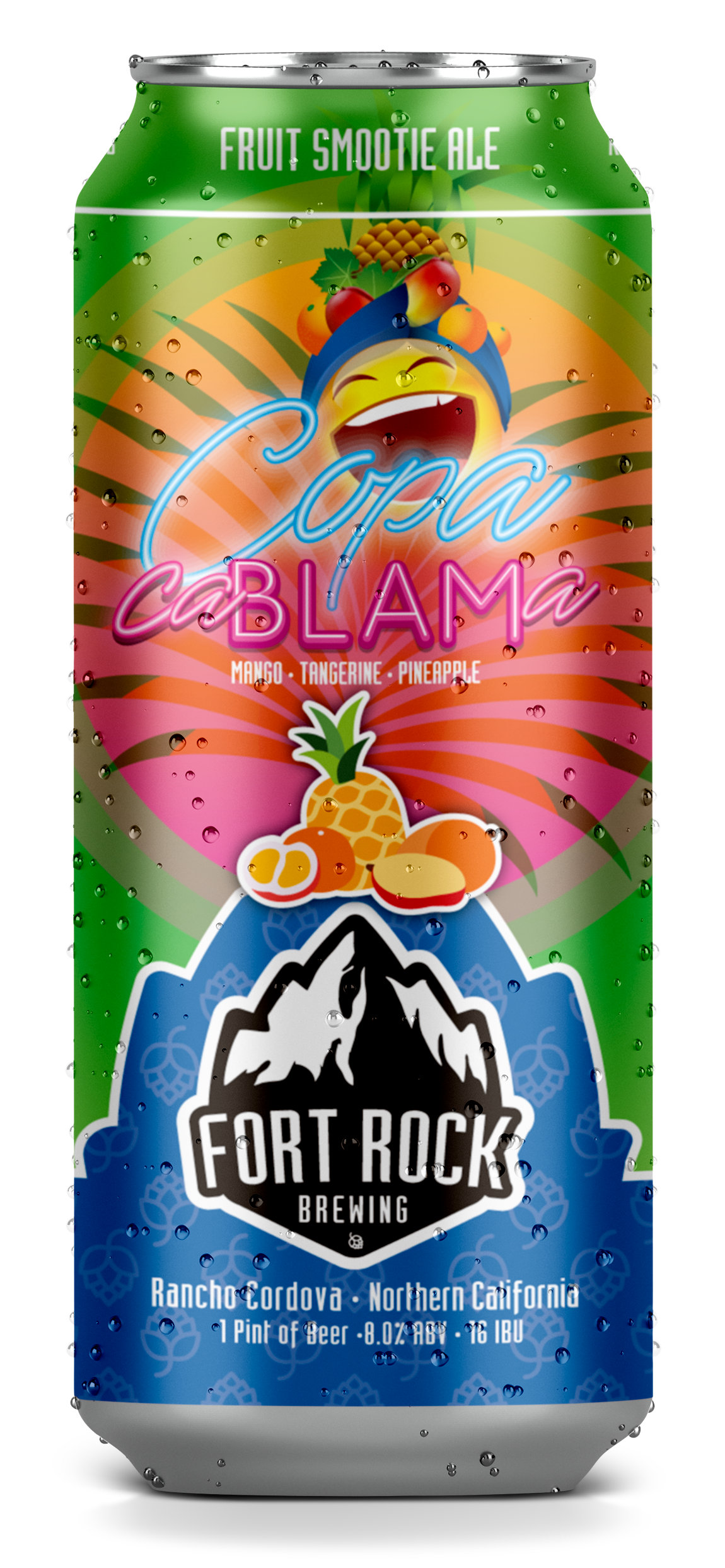 A can of fruit smoothie ale with a colorful label featuring a cheerful cartoon mango, tangerine, and pineapple, a mountain illustration, and the brand name Fort Rock Brewing.