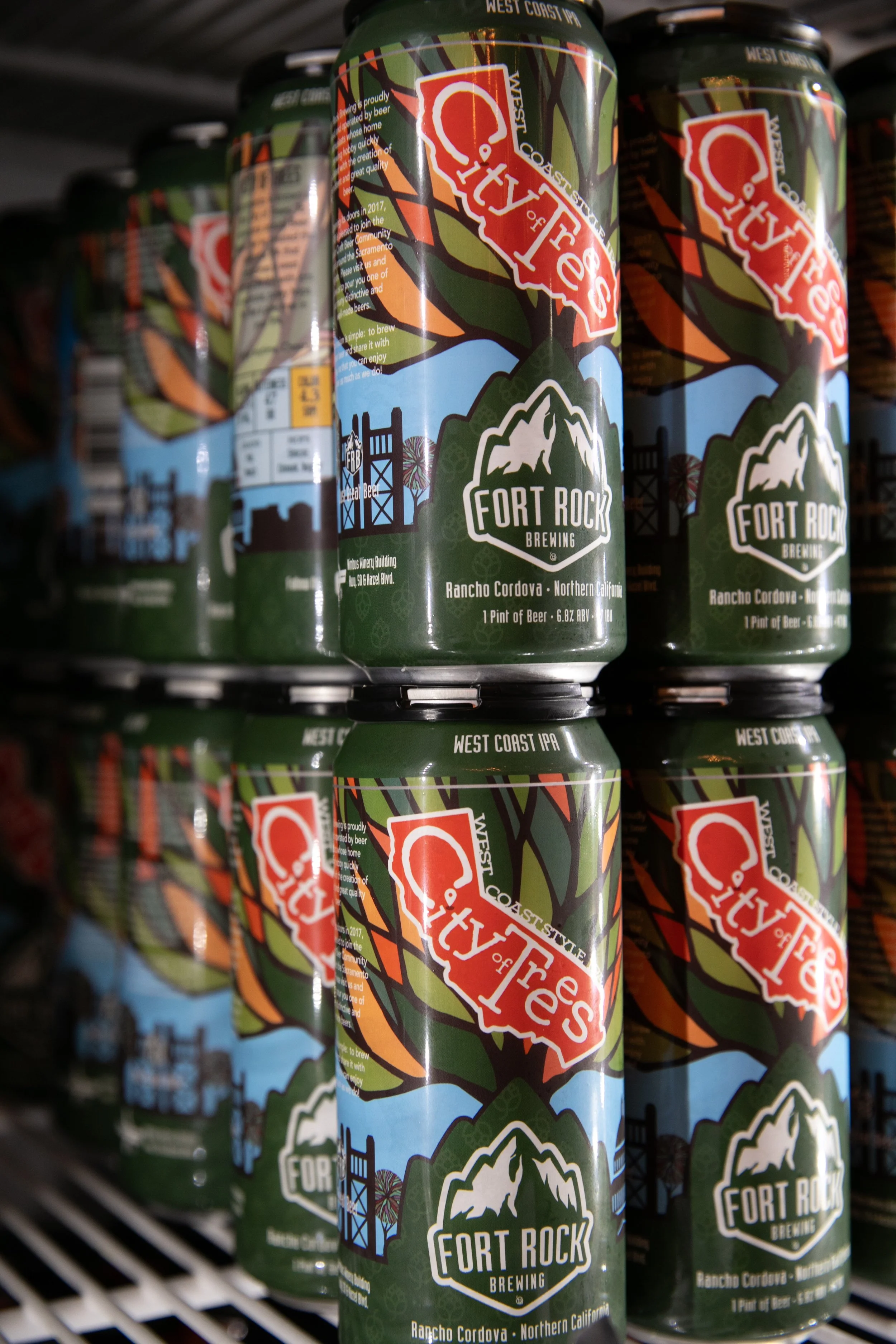 Cans of beer with label indicating Fort Rock Brewing, featuring a mountain graphic and scenic elements, on store shelf.