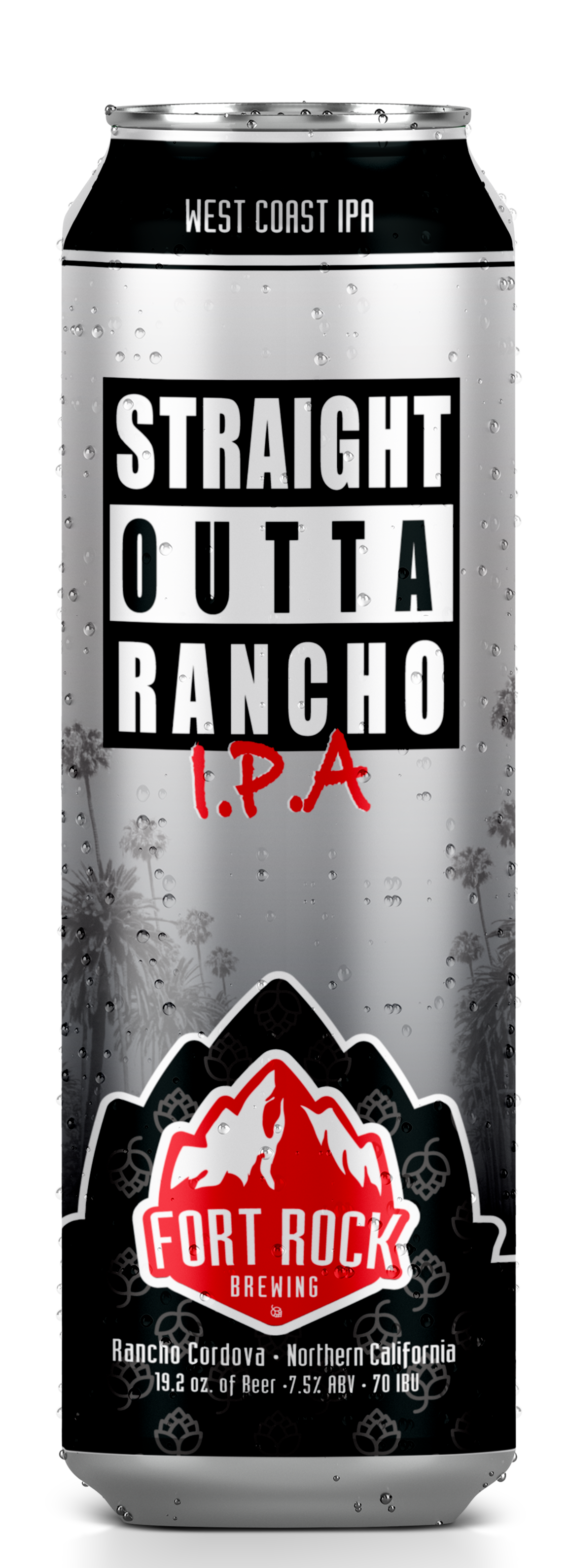 A can of Fort Rock Brewing West Coast IPA, labeled as 'Straight Outta Rancho I.P.A,' with a black and white design featuring mountains and palm trees, and red accents.