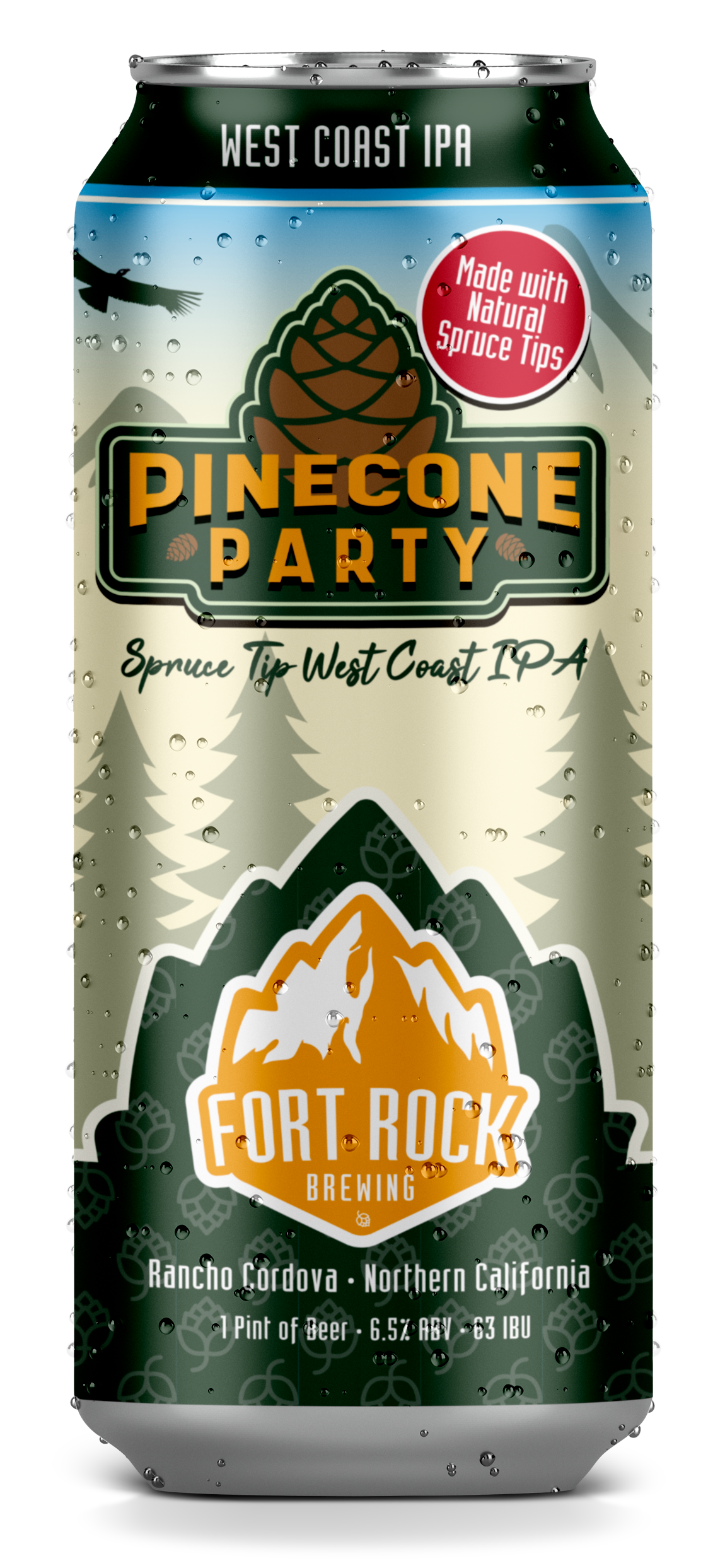 Aluminum can of Pinecone Party IPA by Fort Rock Brewing, featuring mountain, pinecones, and forest imagery, with rain droplets on the surface.