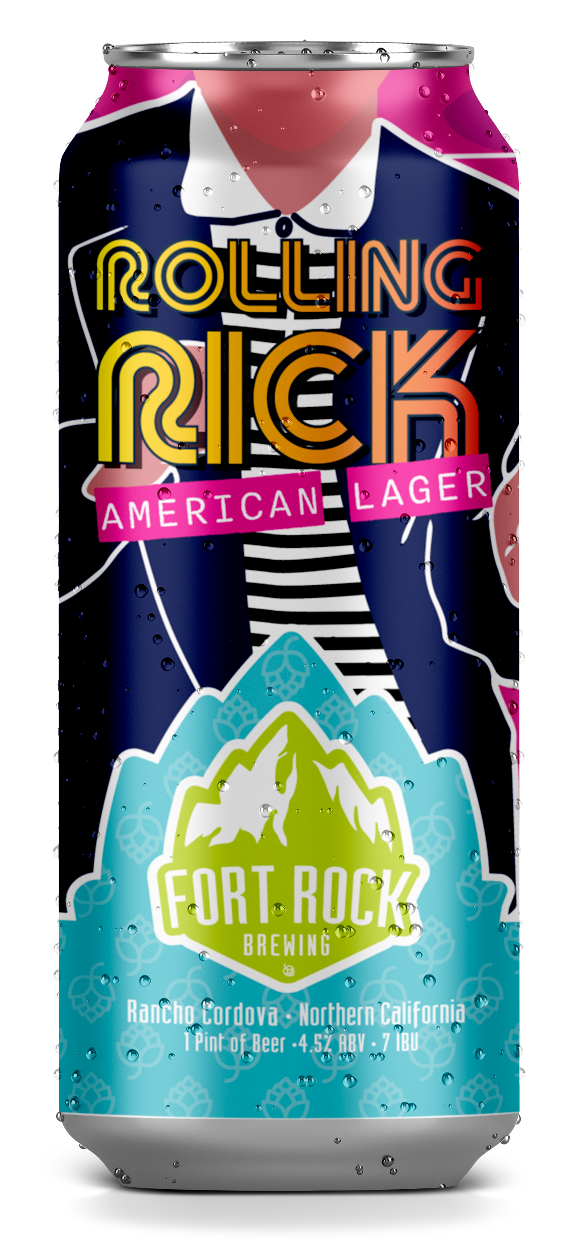 A colorful can of Rolling Rick American Lager beer from Fort Rock Brewing, featuring a skeleton figure wearing a striped shirt with mountains and hop graphics in the background, with text indicating it is from Rancho Cordova, Northern California, con