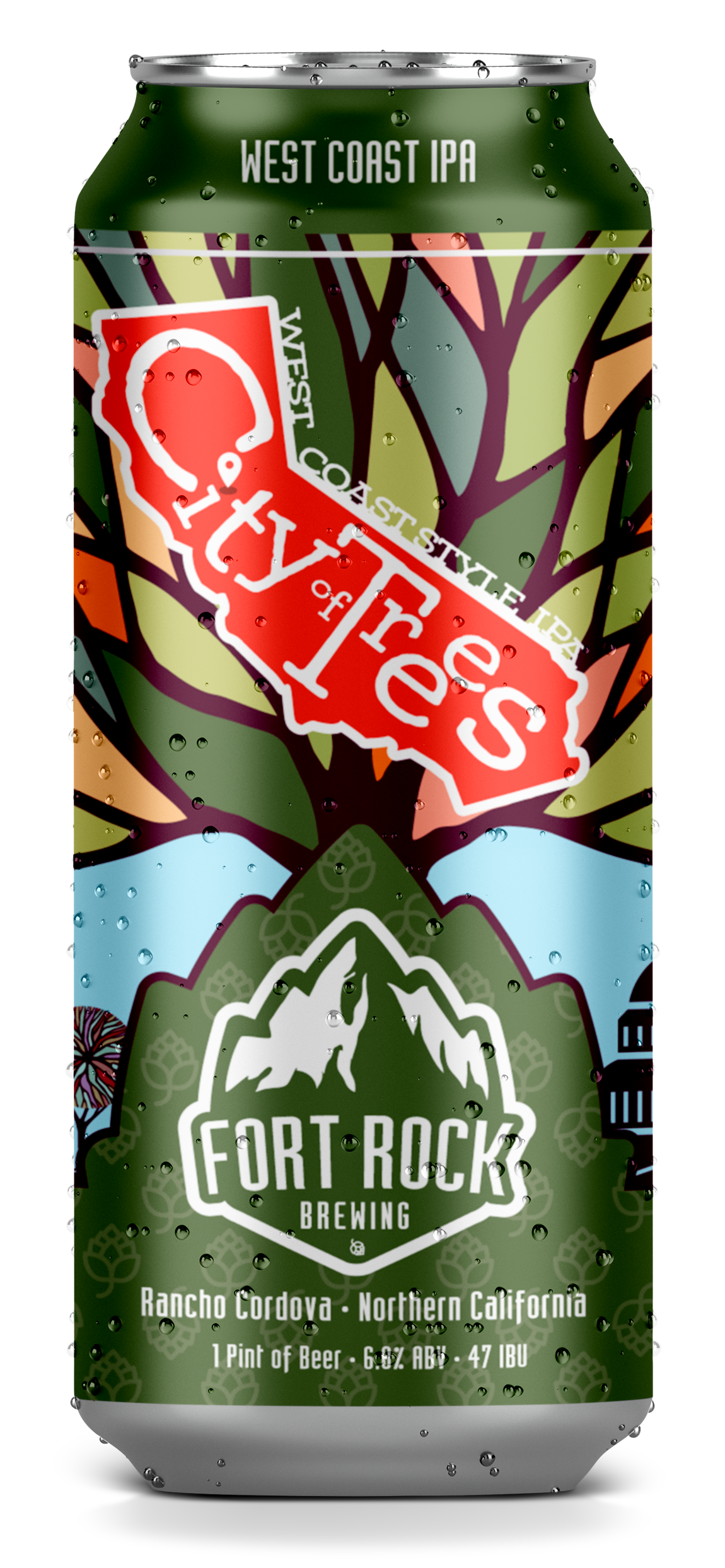 An aluminum can of West Coast IPA beer from Fort Rock Brewing with a mountain and hop cone logo, featuring a colorful design with trees and a mountain landscape.