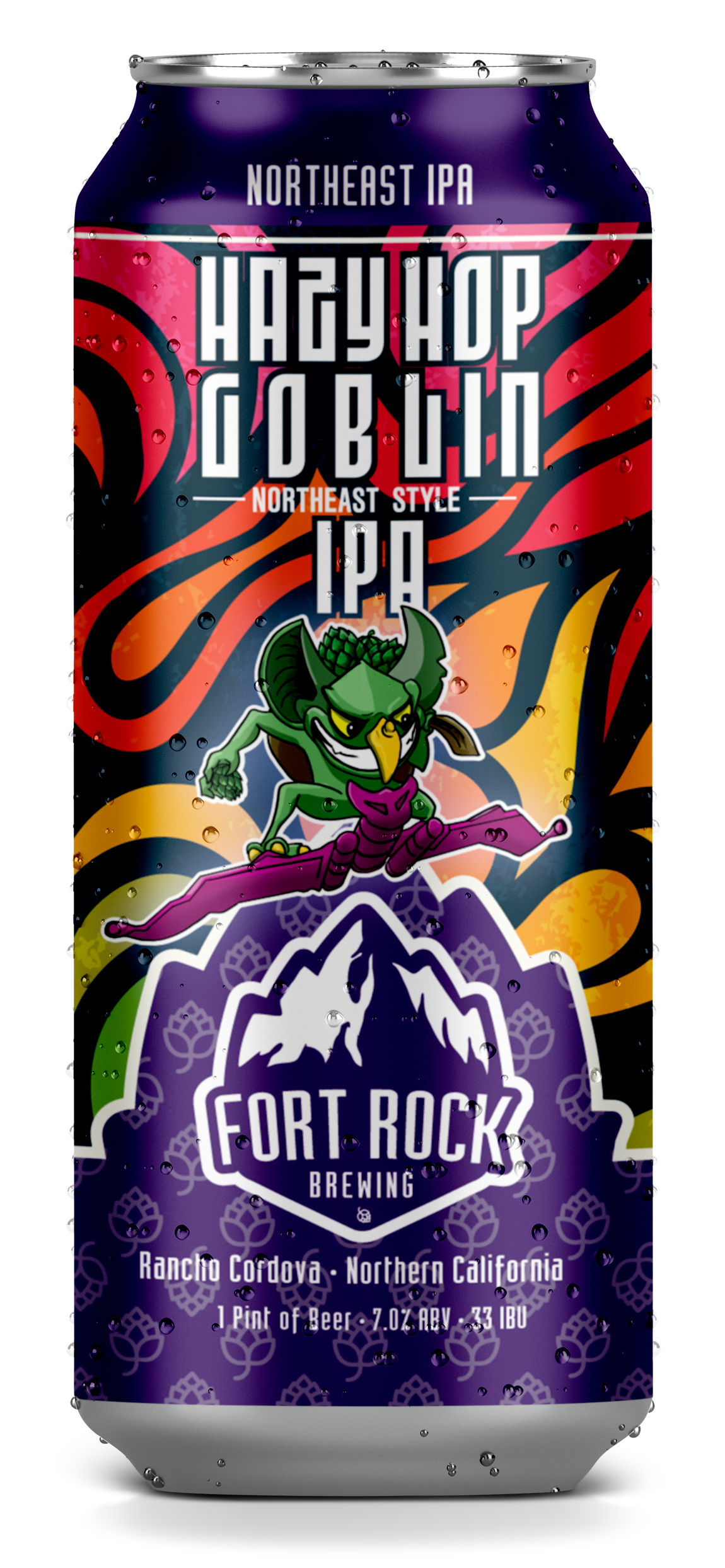 A colorful beer can features a hopping cartoon goblin riding a pink skateboard, with a background of abstract flames and hop motifs, labeled 'Northeast IPA' by Fort Rock Brewing, Rancho Cordova, Northern California, with details indicating 1 pint, 7.