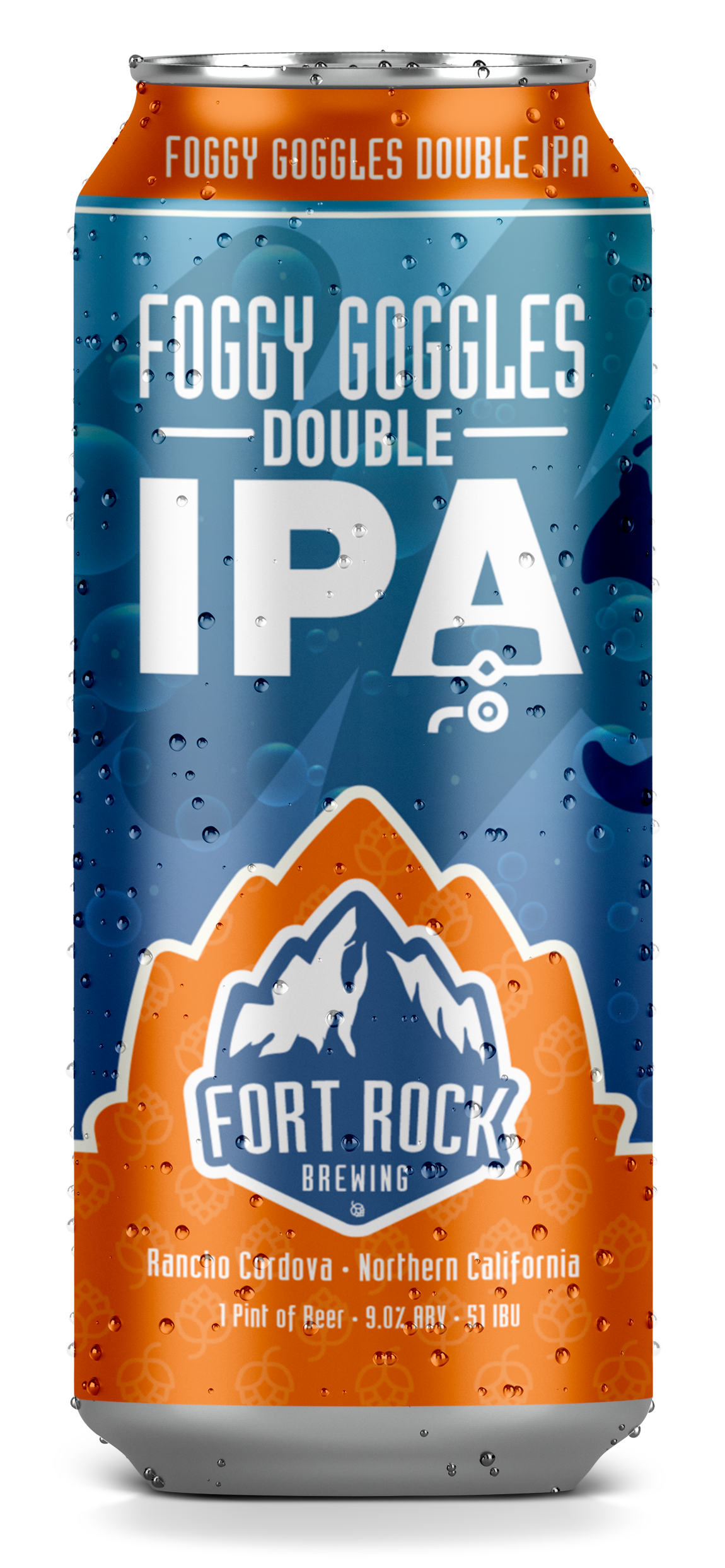 A can of Fort Rock Brewing's Foggy Goggles Double IPA with mountain and hop graphics, indicating it is from Rancho Cordova, Northern California, containing 1 pint of beer, 9.0% alcohol, and 51 IBU.