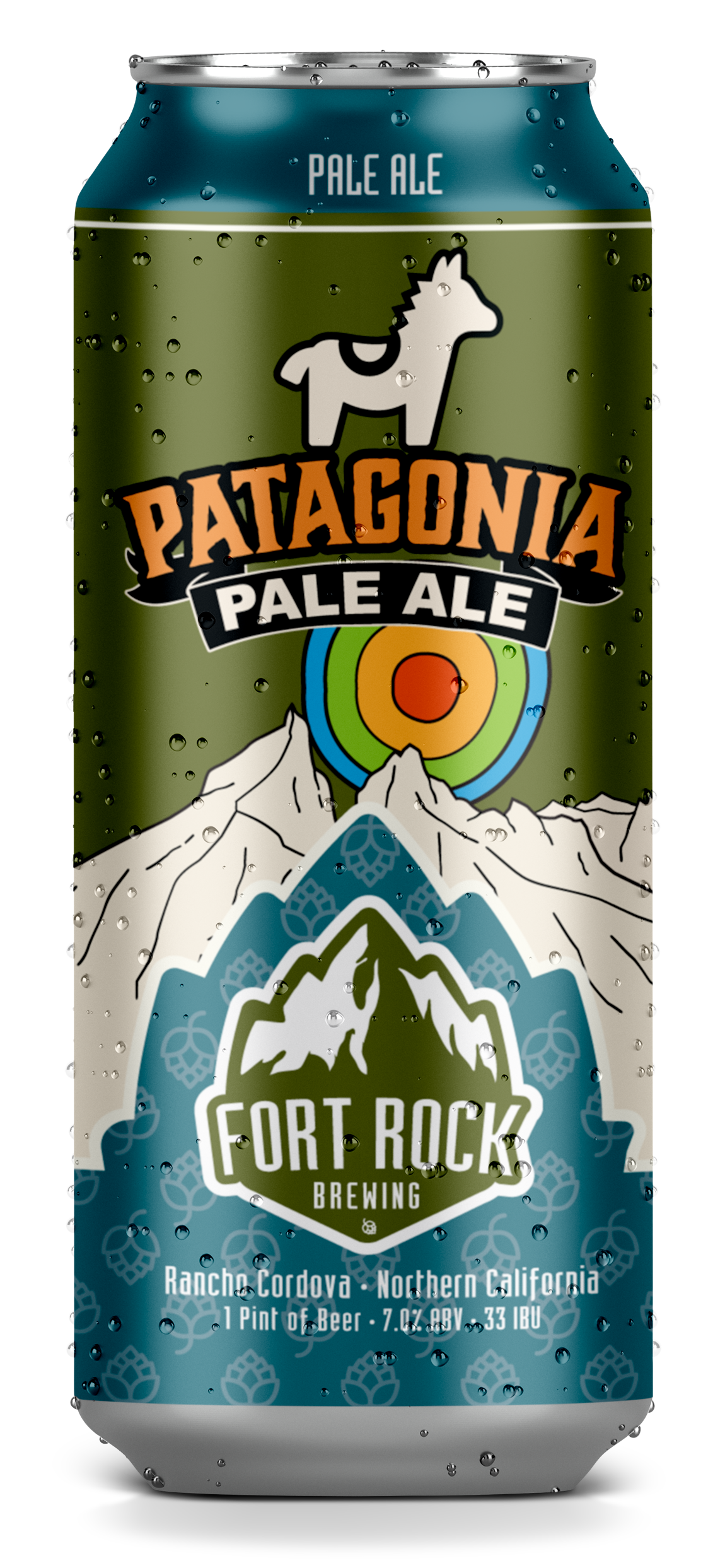 A can of Patagonia Pale Ale beer by Fort Rock Brewing featuring mountain and hop designs, with notes of Rancho Cordova, Northern California, and alcohol content of 7.0% ABV.