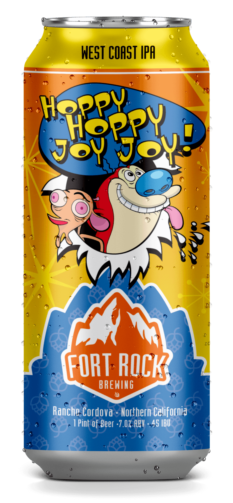 A colorful aluminum can of Fort Rock Brewing's West Coast IPA with cartoon characters from The Powerpuff Girls and the phrase 'Hoppy Hoppy Joy Joy!' on the label, featuring Mountain and hop graphics.