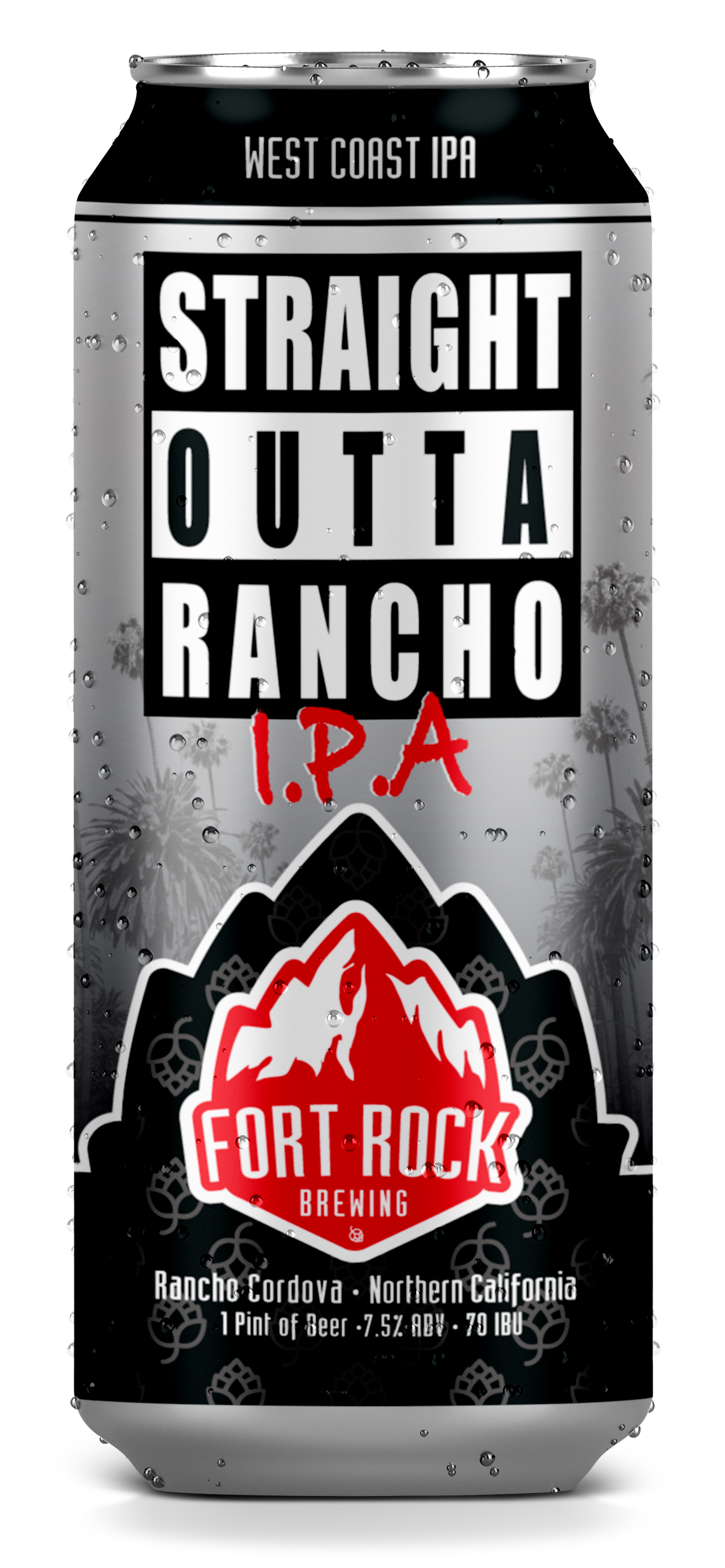 A can of Fort Rock Brewing's West Coast IPA labeled 'Straight Outta Rancho,' featuring a mountain and hop design with water droplets on the surface.