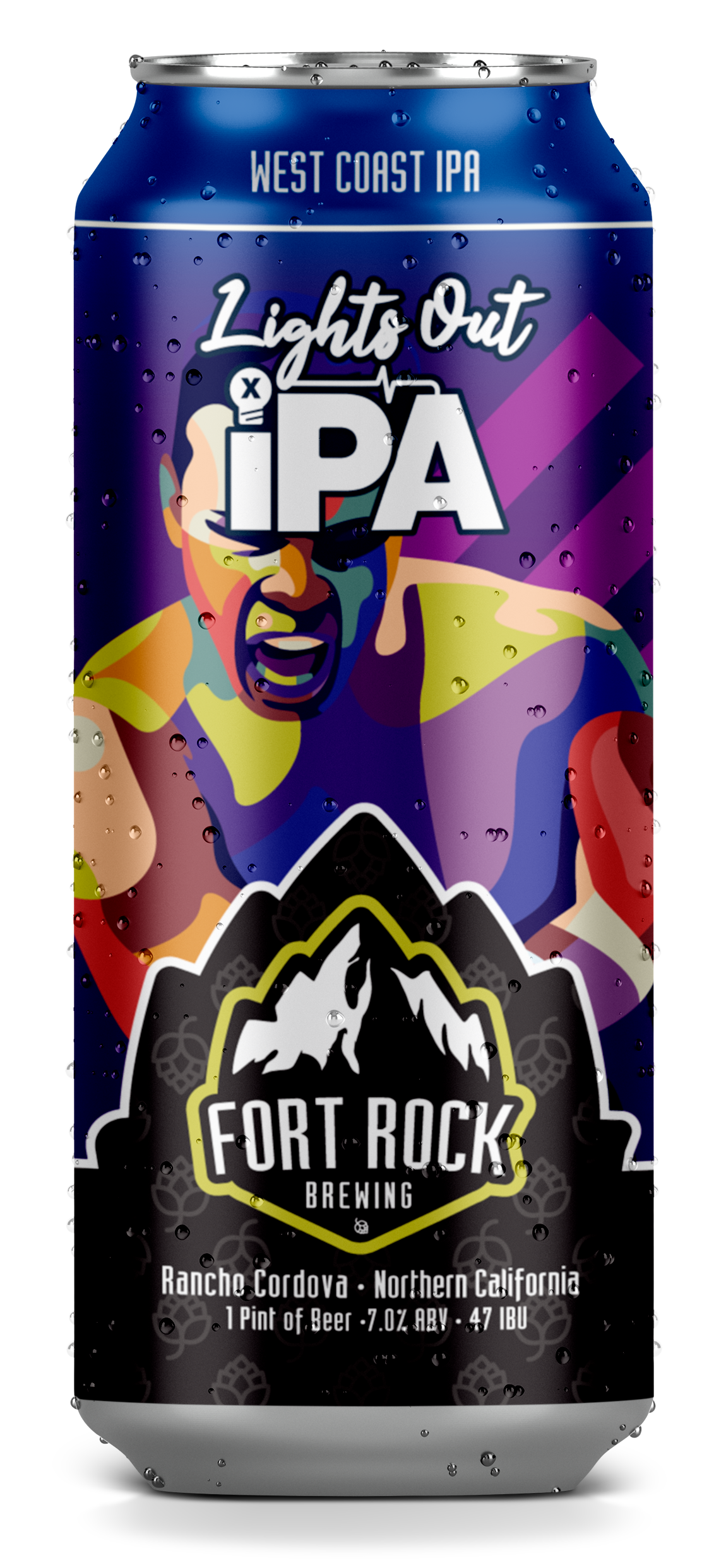Can with colorful artwork featuring a screaming man, mountains, and hops. Text on can reads 'West Coast IPA', 'Lights Out', 'Fort Rock Brewing', 'Rancho Cordova, Northern California', and details about beer such as alcohol content (7.0%), volume (1 p