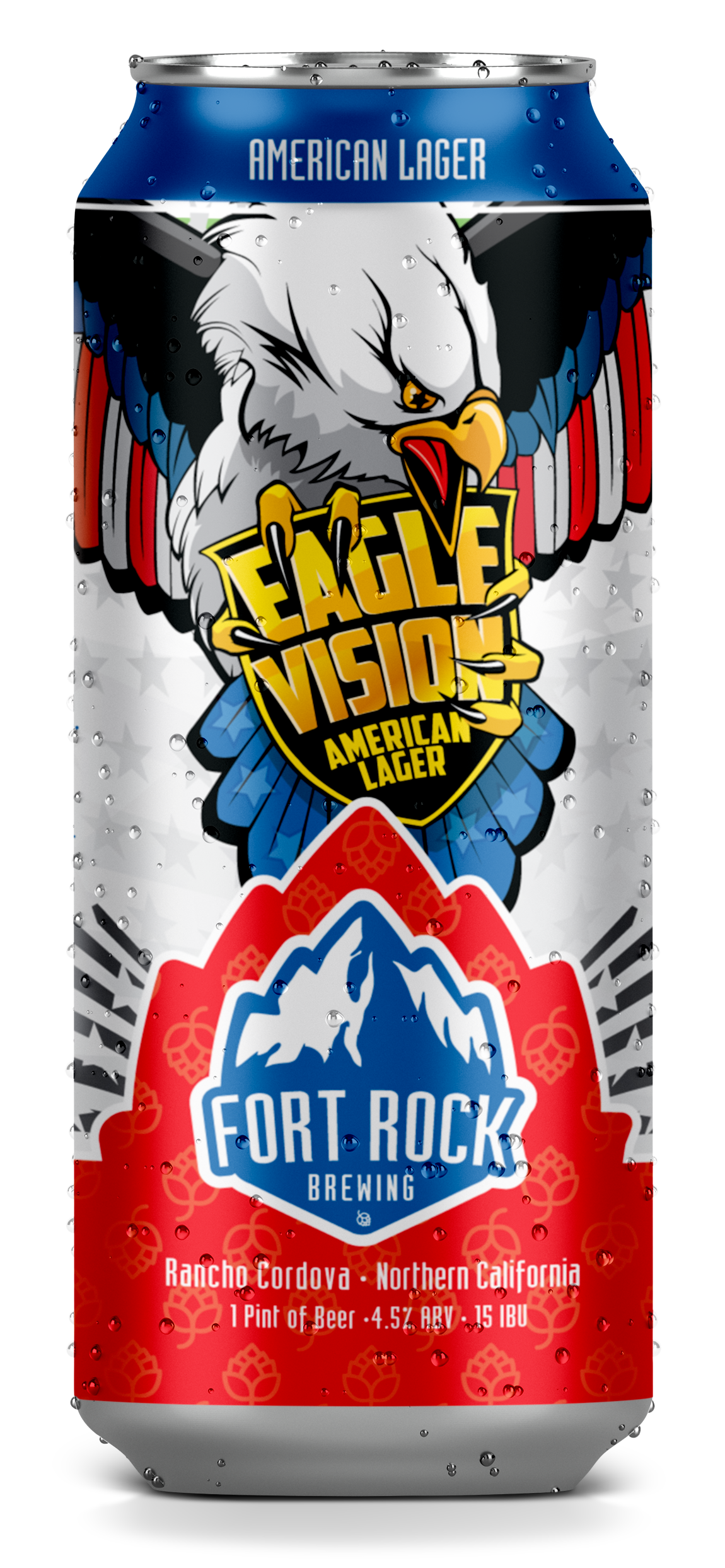 A can of American Lager beer featuring an eagle holding a shield with the words "Eagle Vision." The label displays mountains and hops, with the brewery name "Fort Rock Brewing" and details about the beer, including its origin in Rancho Cordova, North