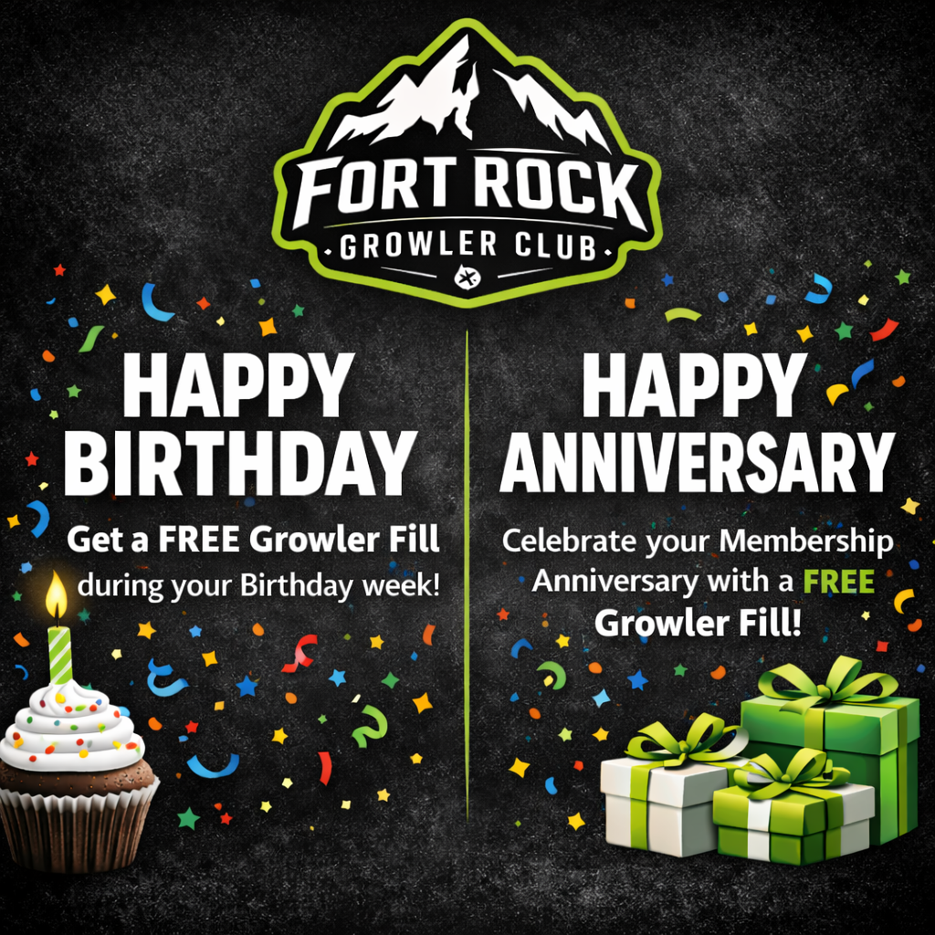 A promotional flyer for Fort Rock Growler Club with birthday and anniversary celebrations. The flyer features a mountain and snow-capped peak logo at the top, colorful confetti, a birthday cupcake with a lit candle on the left, and a stack of green and white wrapped gifts on the right. The text announces free growler fills for birthdays during birthday week and celebrates membership anniversaries with a free fill.