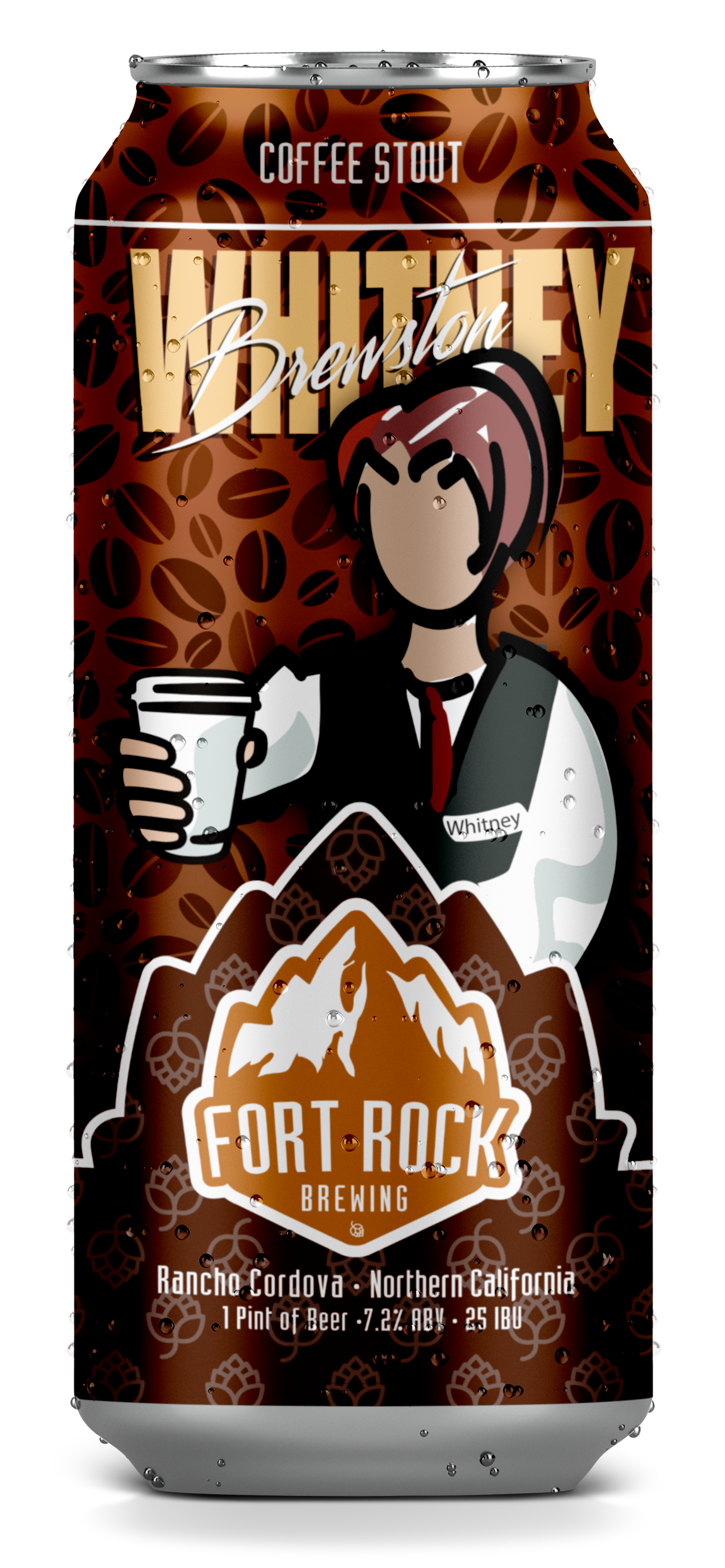 A can of Fort Rock Brewing Bourbonstov Coffee Stout, featuring a cartoon illustration of a man with red hair, glasses, and a name tag that says Whitney, holding a coffee cup, with a mountain and hop cone design behind him and a background of coffee b