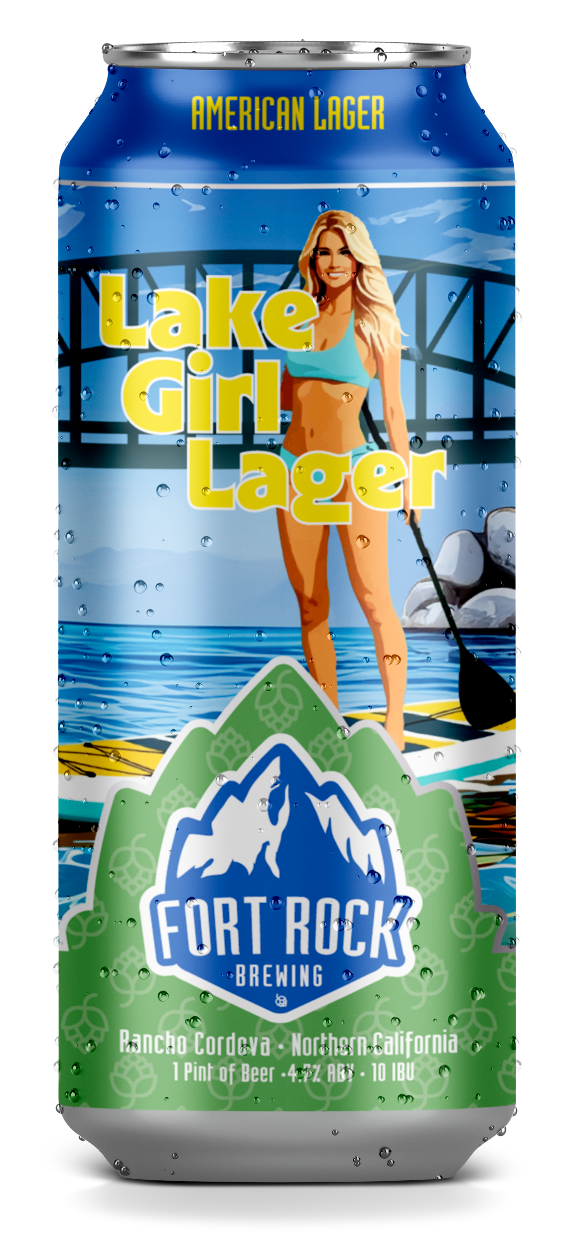 A can of Lake Girl Lager beer from Fort Rock Brewing featuring a blonde woman in a teal swimsuit holding a paddleboard paddle, standing in front of a lake and bridge background, with green hops and mountain logos at the bottom.