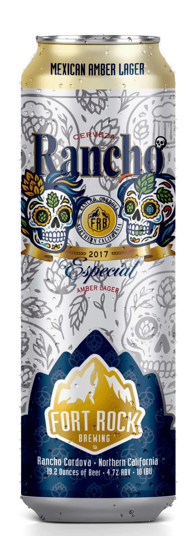 A can of Rancho Rancho Amber Lager with decorative skull and hop flower designs, branding from Fort Rock Brewing, and text indicating it's a 2017 special edition with 4.7% ABV and 10 IBU.