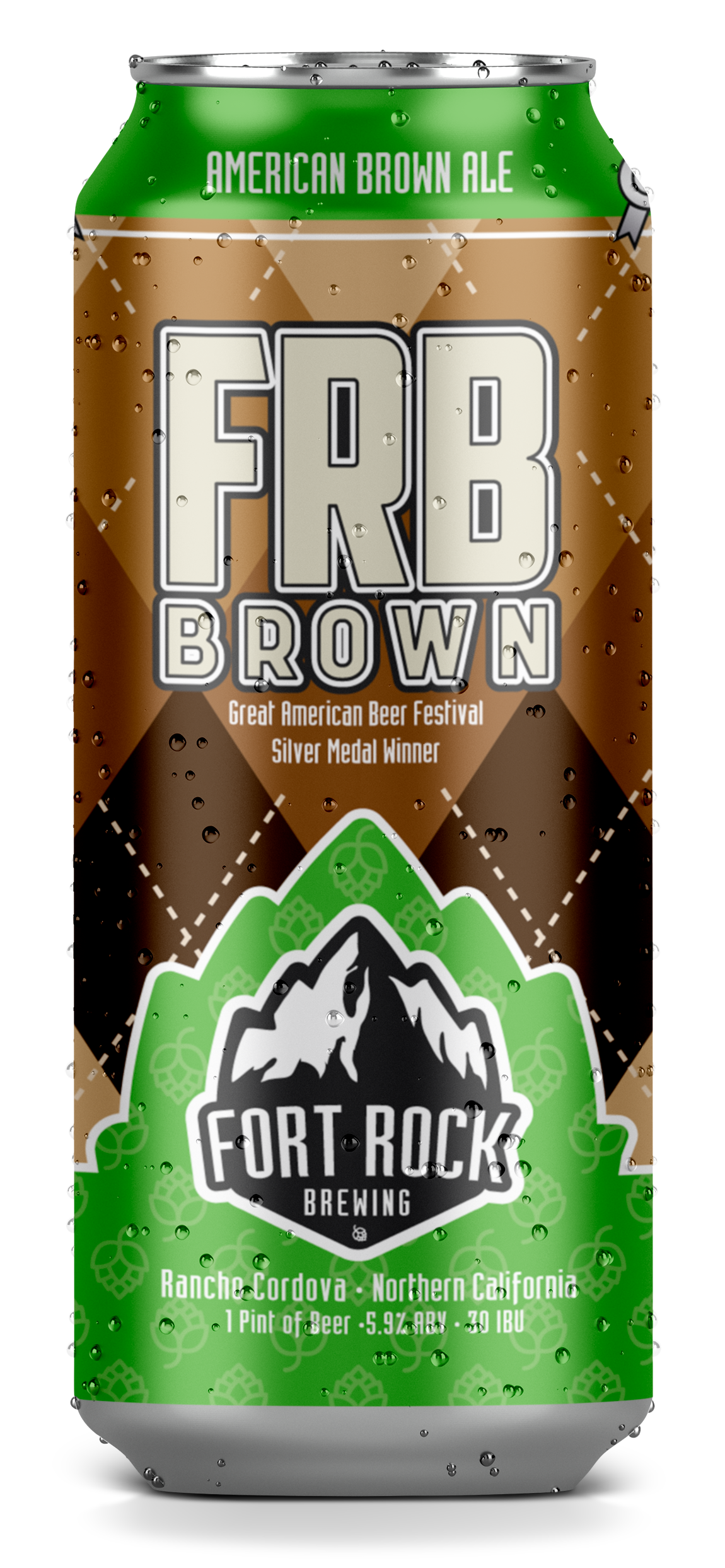 A can of Fort Rock Brewing's FRB Brown American Brown Ale with a mountain logo, green and brown packaging, and text indicating it is from Rancho Cordova, Northern California, with 5.9% alcohol, 30 IBU, and 1 pint size.