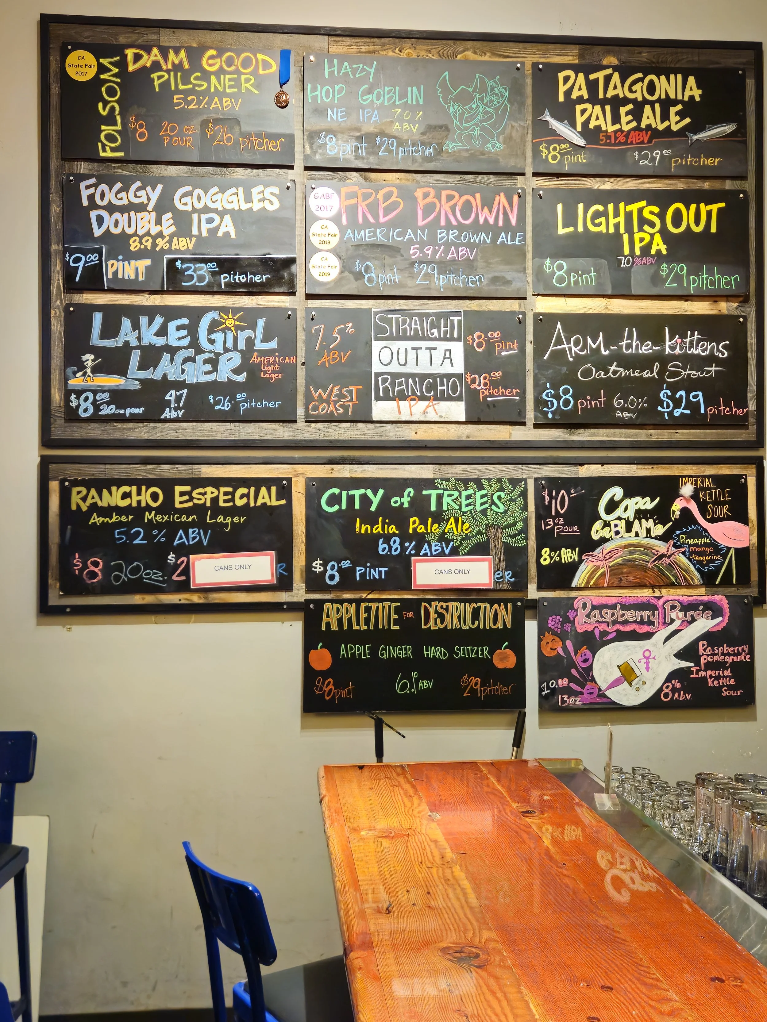 Colorful blackboard menu displaying various craft beers with names, descriptions, alcohol percentages, prices, and some decorated with illustrations, in a brewery setting next to a wooden table and blue chairs.