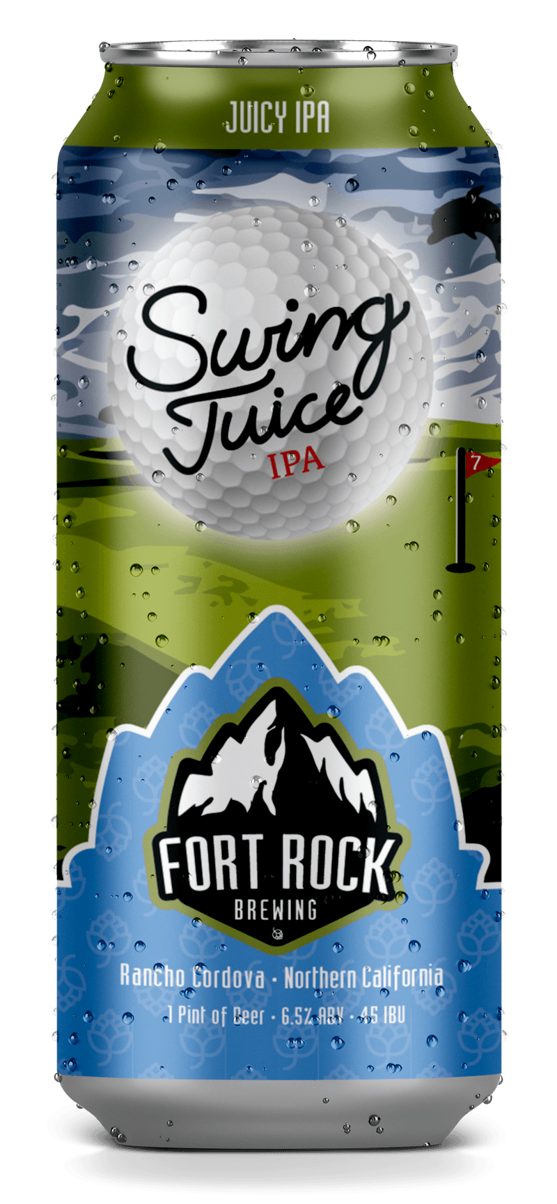 A canned beverage labeled 'Swings Juice IPA' by Fort Rock Brewing from Rancho Cordova, Northern California. The can has a golf ball motif, a mountain logo, and indicates it's a 6.5% alcohol IPA beer.