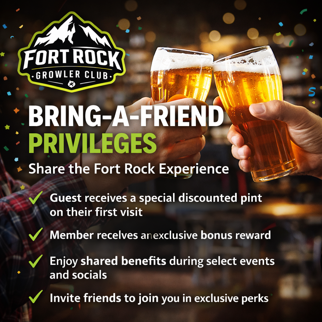 Three people clinking glasses of beer at a bar, promoting the Fort Rock Growler Club's Bring-a-Friend Privileges with confetti in the background.