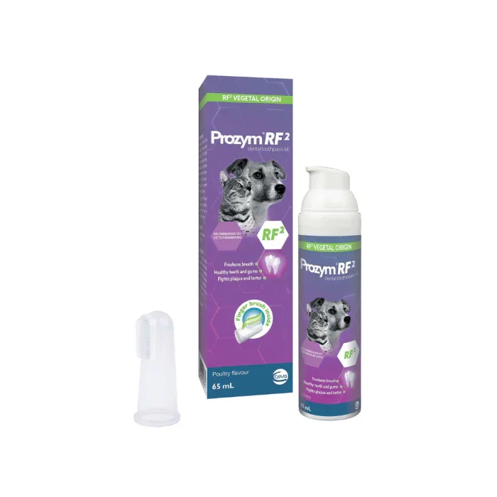 Dog dental spray product called Prozym RF2 with a toothbrush attachment and its packaging, which features a picture of a dog and purple labeling.
