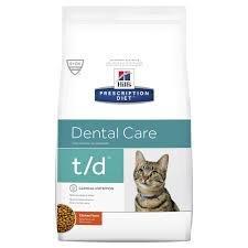 Package of Hill's Prescription Diet dental care cat food with image of a gray tabby cat
