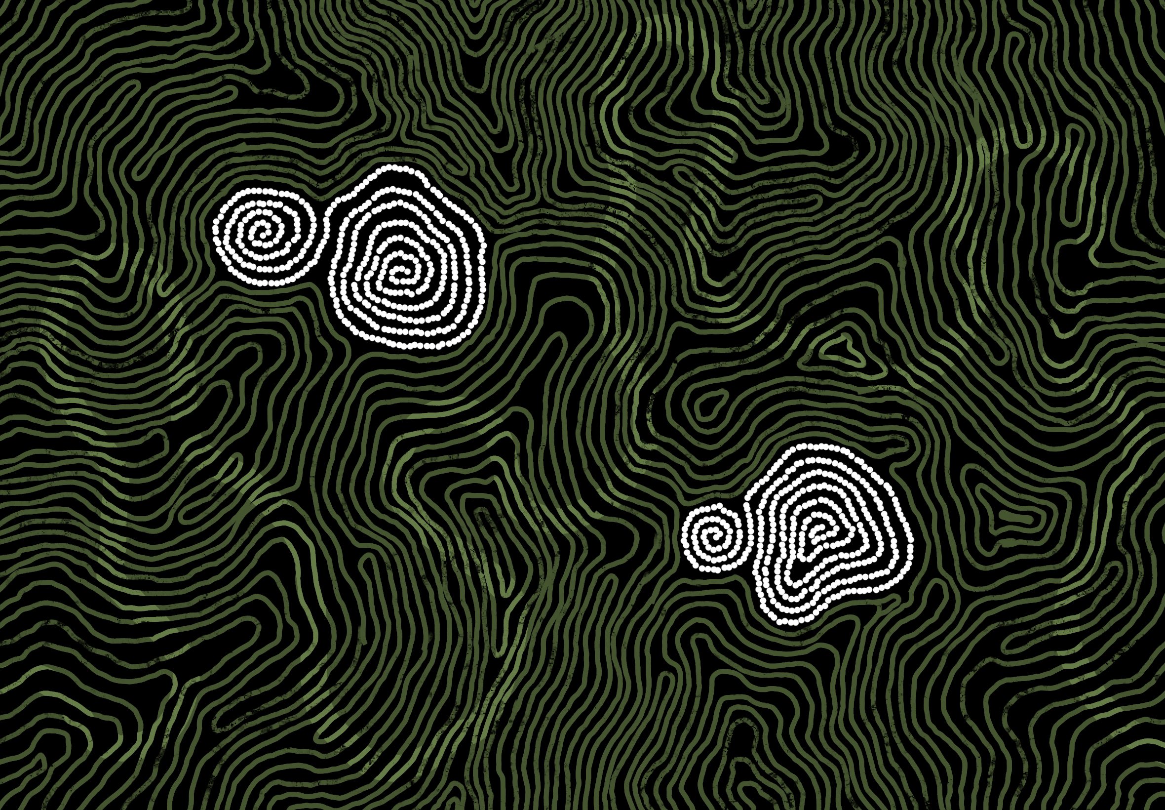 Black background with green topographic lines and white fingerprint-shaped pattern in the center.