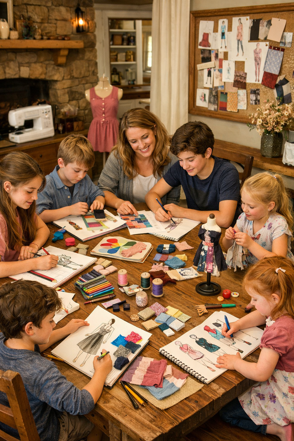 A group of children and an adult sketching and designing fashion outfits with fabric swatches in a cozy craft room, surrounded by sewing materials, fashion sketches, and a dress form.