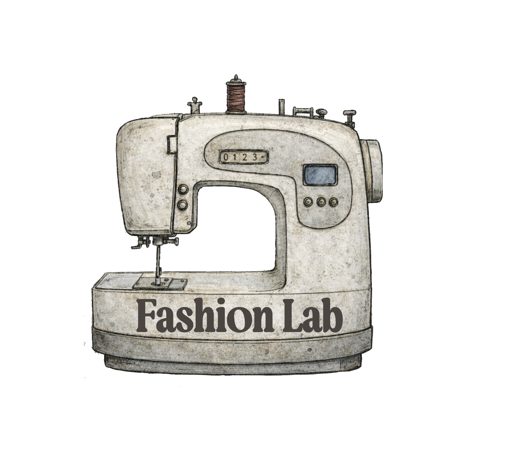 A vintage sewing machine with a sign that reads "Fashion Lab" in front of it.