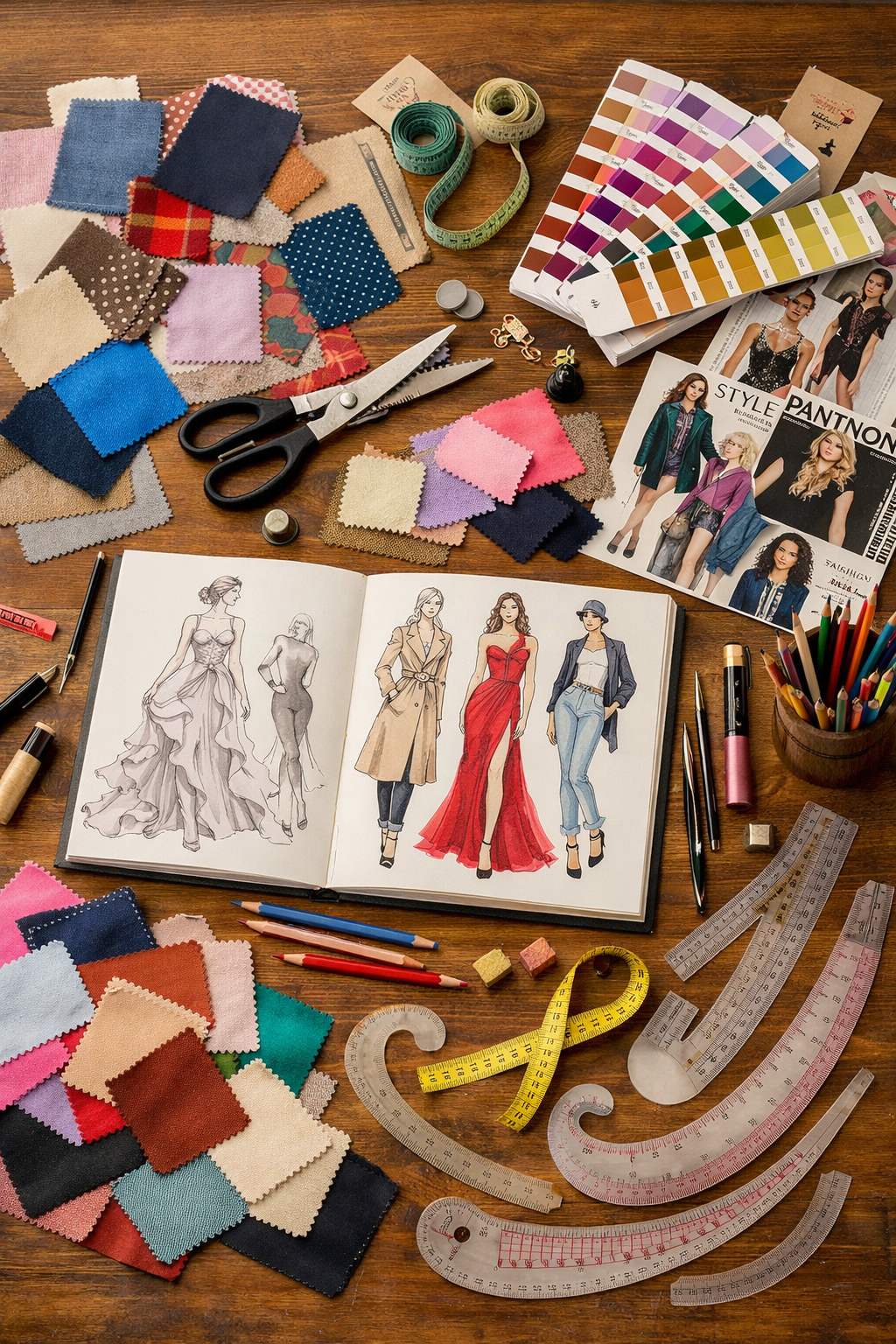 Fashion design workspace with fabric swatches, sewing tools, fashion sketches, color swatches, magazines, and measuring tapes