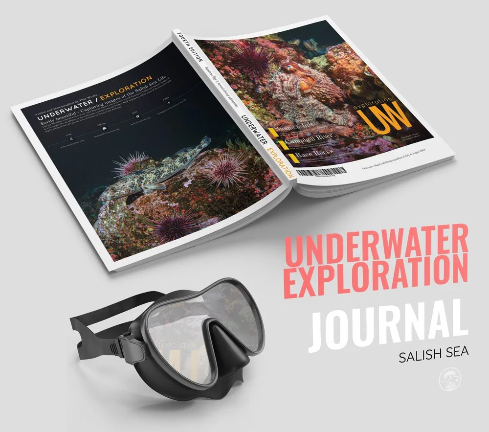 Open magazine titled 'Underwater Exploration' with images of coral reefs and a fish on the pages, a black diving mask below, and text indicating it's a journal about Salish Sea exploration.