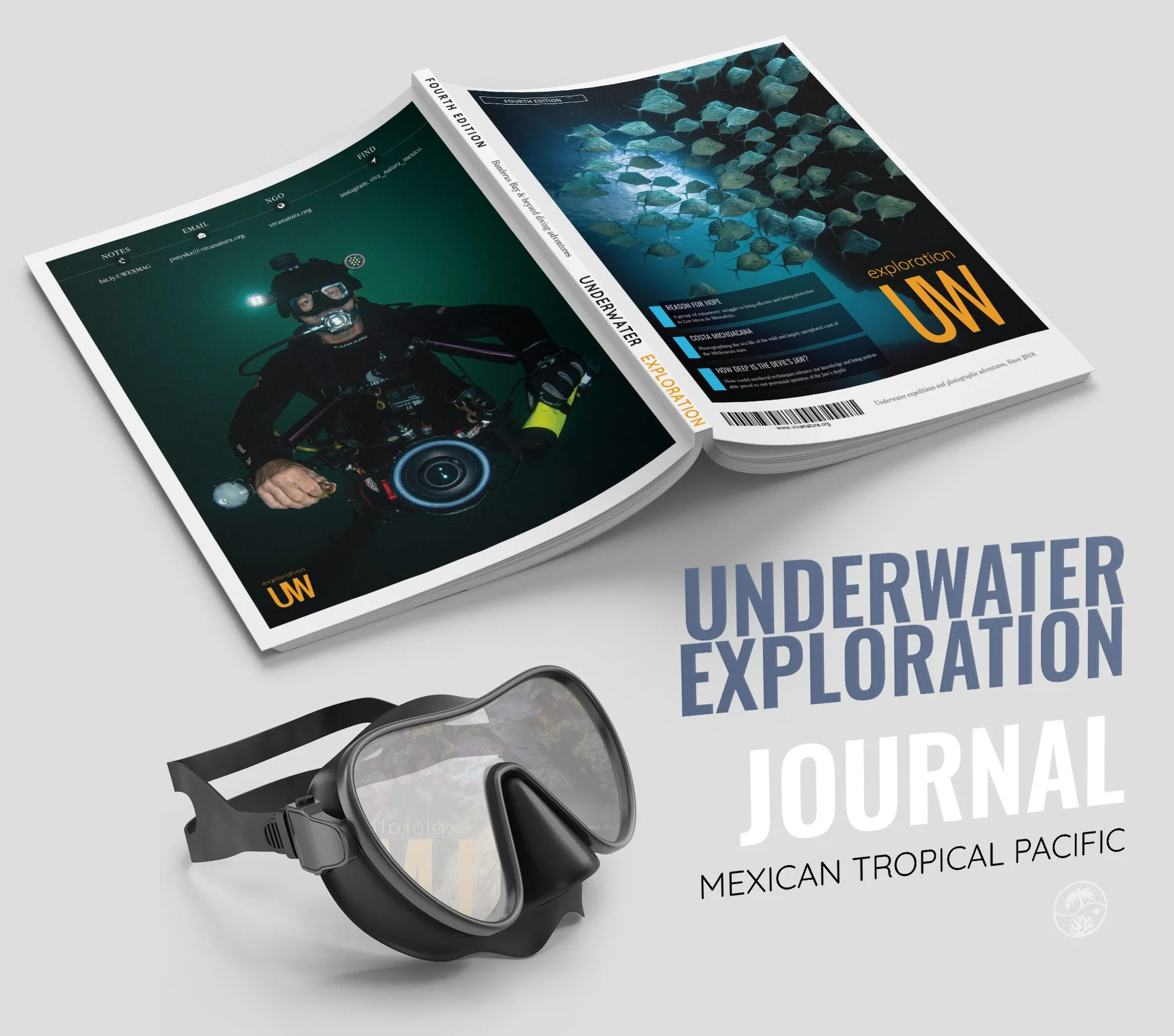 Open magazine titled "Underwater Exploration," with a cover photo of a diver underwater holding a camera. Next to the magazine is a pair of black diving goggles. The scene promotes underwater exploration in the Mexican Tropical Pacific.