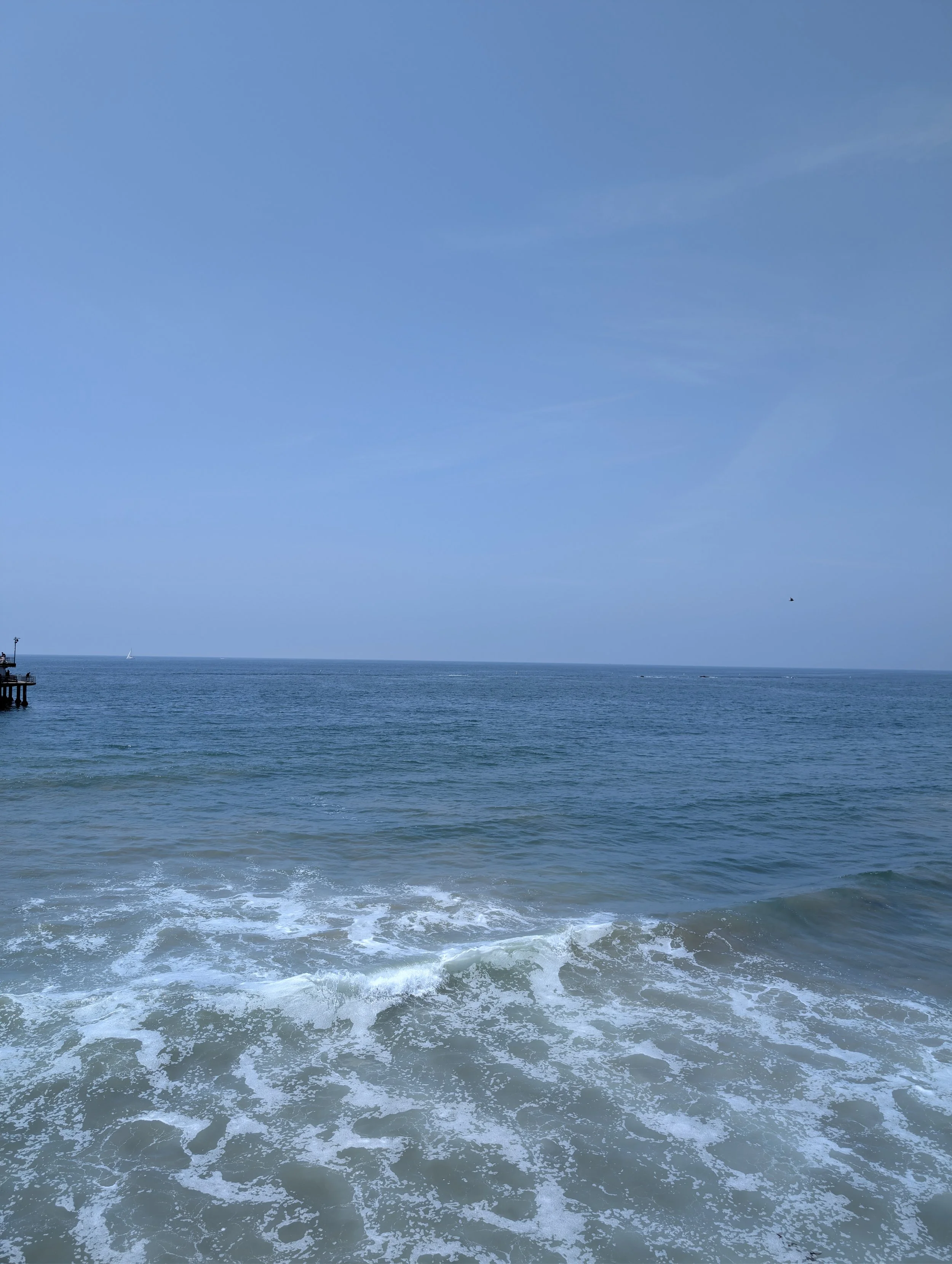 View of the ocean with waves hitting the shore and a clear blue sky above.