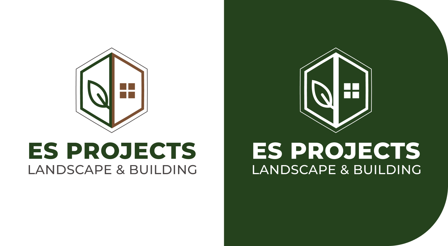 A logo for ES Projects with a hexagonal house outline and a leaf inside, divided vertically with one side green and the other white, accompanied by the text "ES Projects Landscape & Building" in bold and regular font.