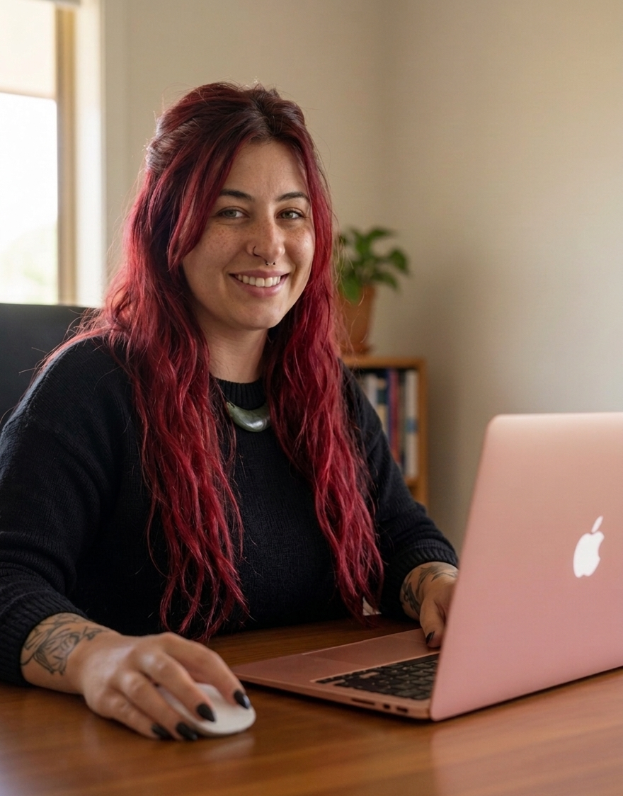 A young woman with red hair, tattoos, and a septum piercing smiling at a laptop at a wooden desk in a home office.